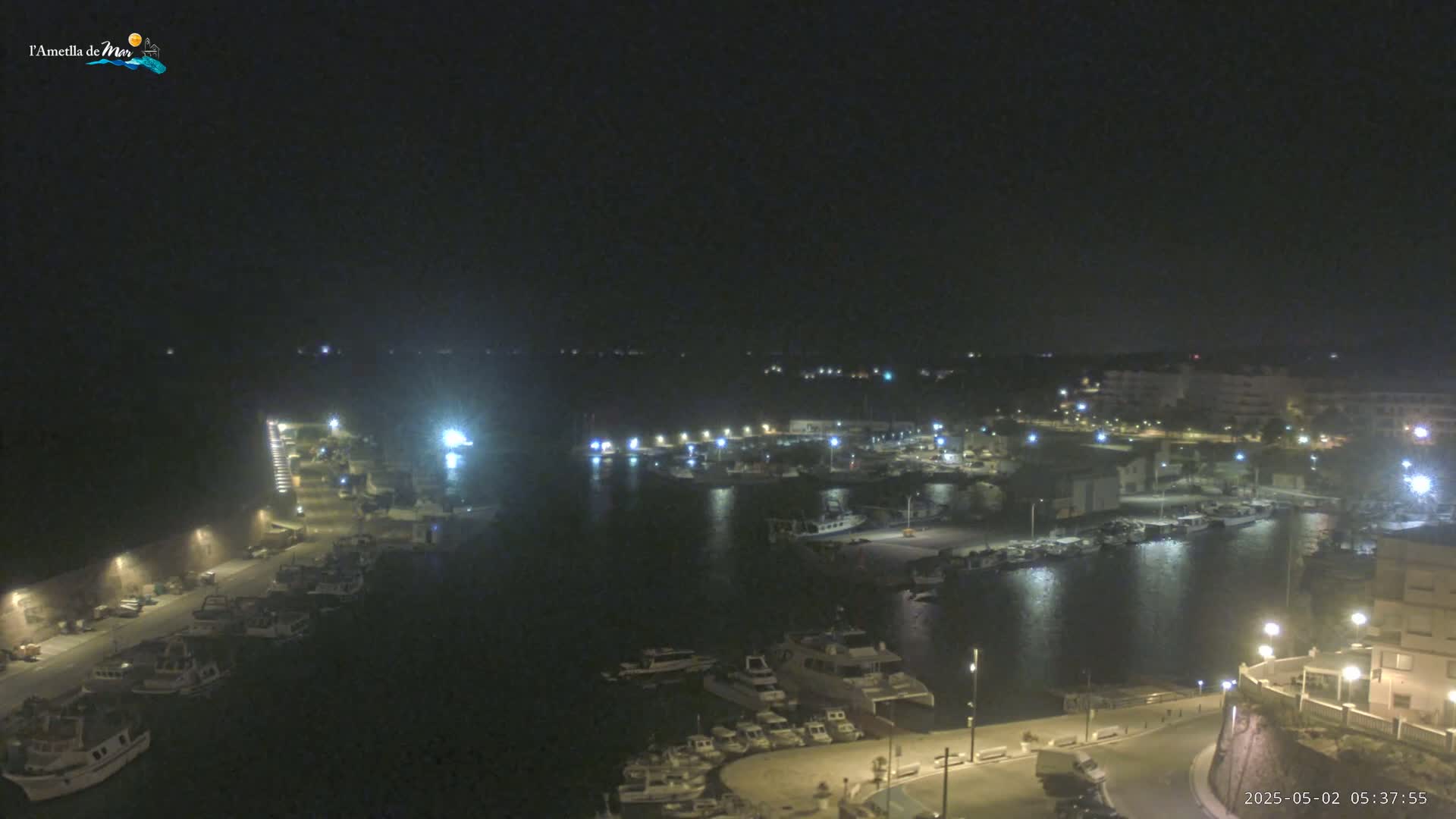 A nighttime view of a harbor filled with boats, with surrounding buildings illuminated under a clear, dark sky.