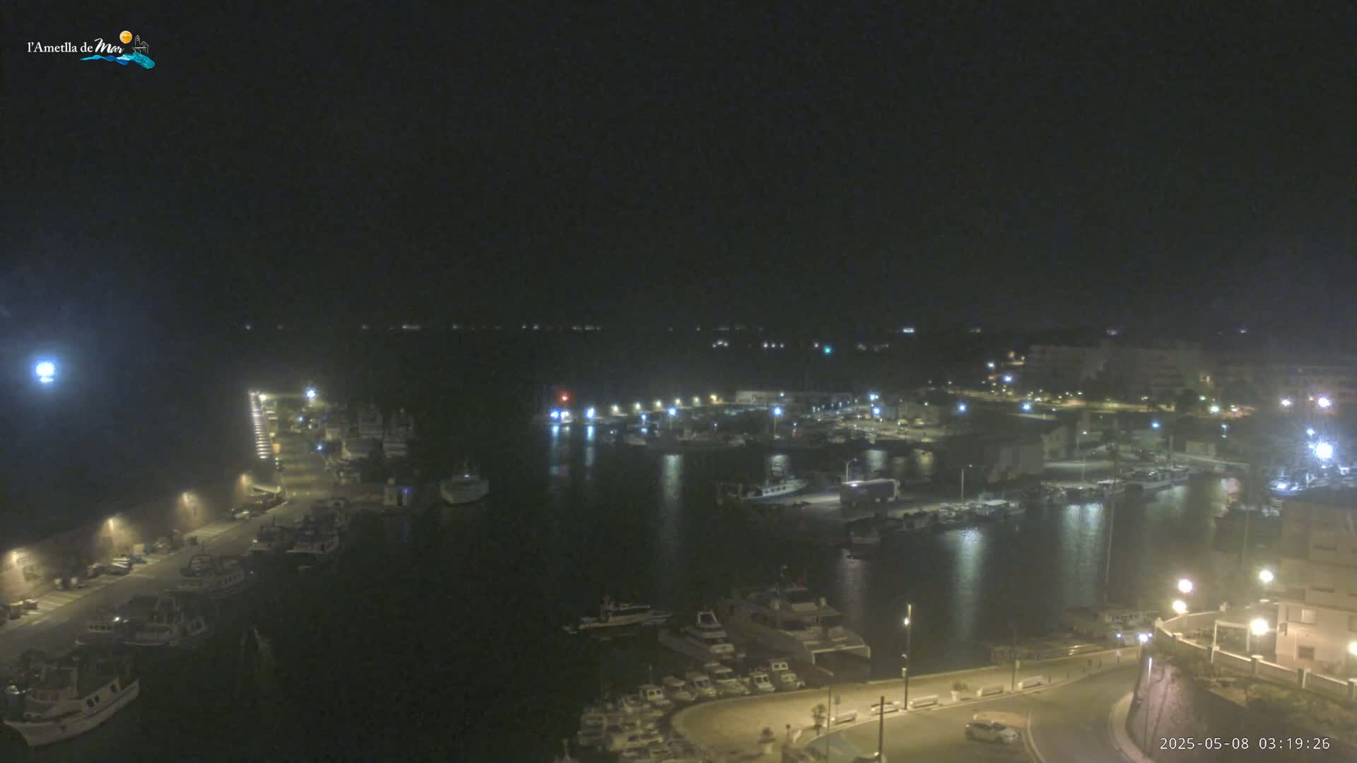 A nighttime, high-angle view of a harbor filled with boats, with the surrounding town illuminated by streetlights.