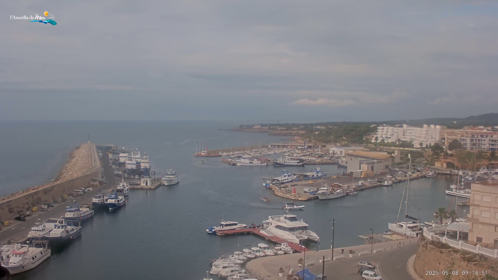 A harbor filled with numerous boats and yachts is shown on an overcast day.