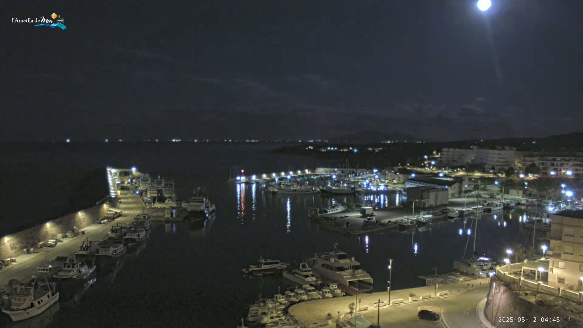 A brightly lit harbor filled with boats is seen at night under a full moon.