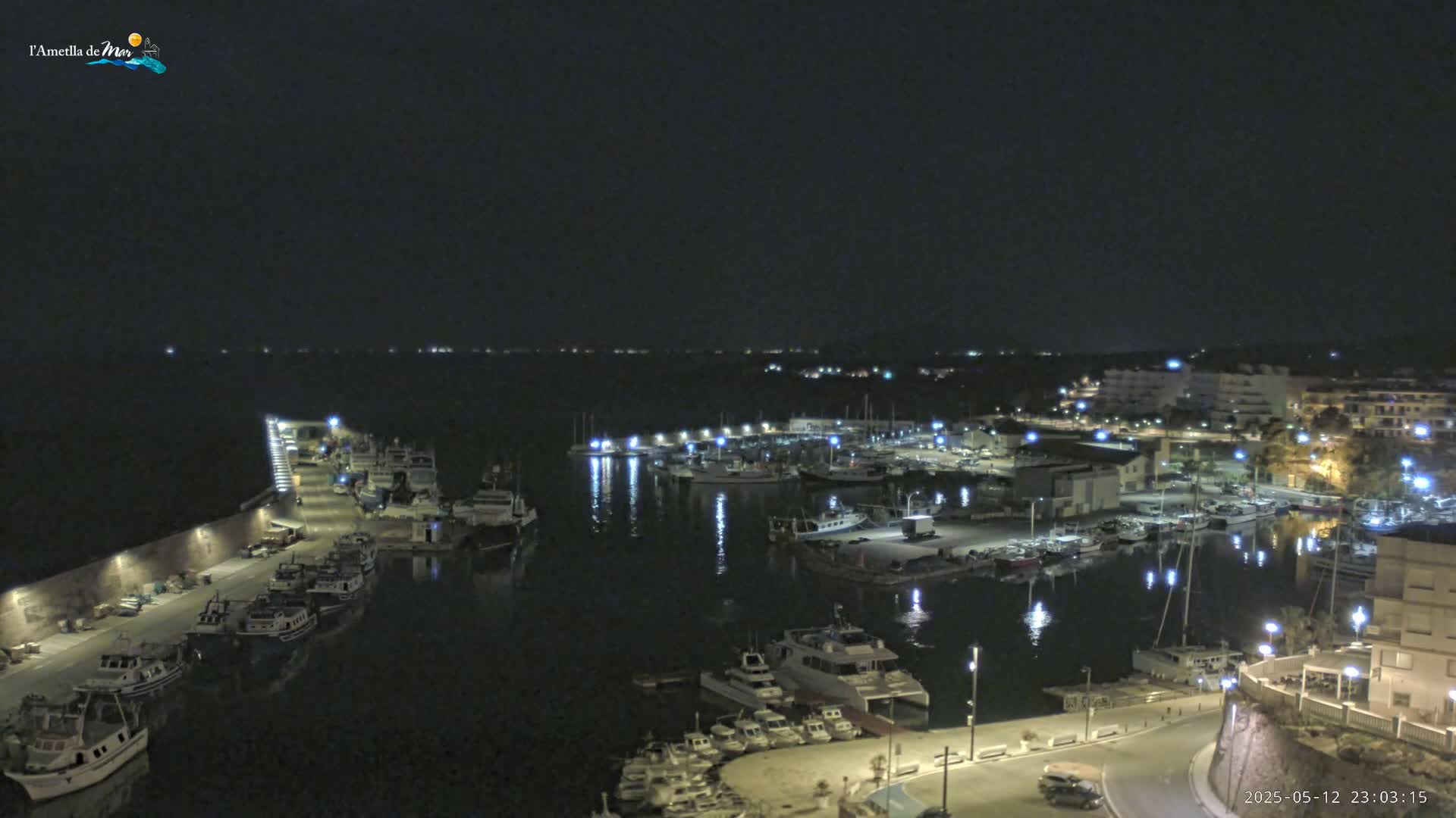 A nighttime aerial view of a harbor filled with boats and surrounded by buildings, under a clear, dark sky.