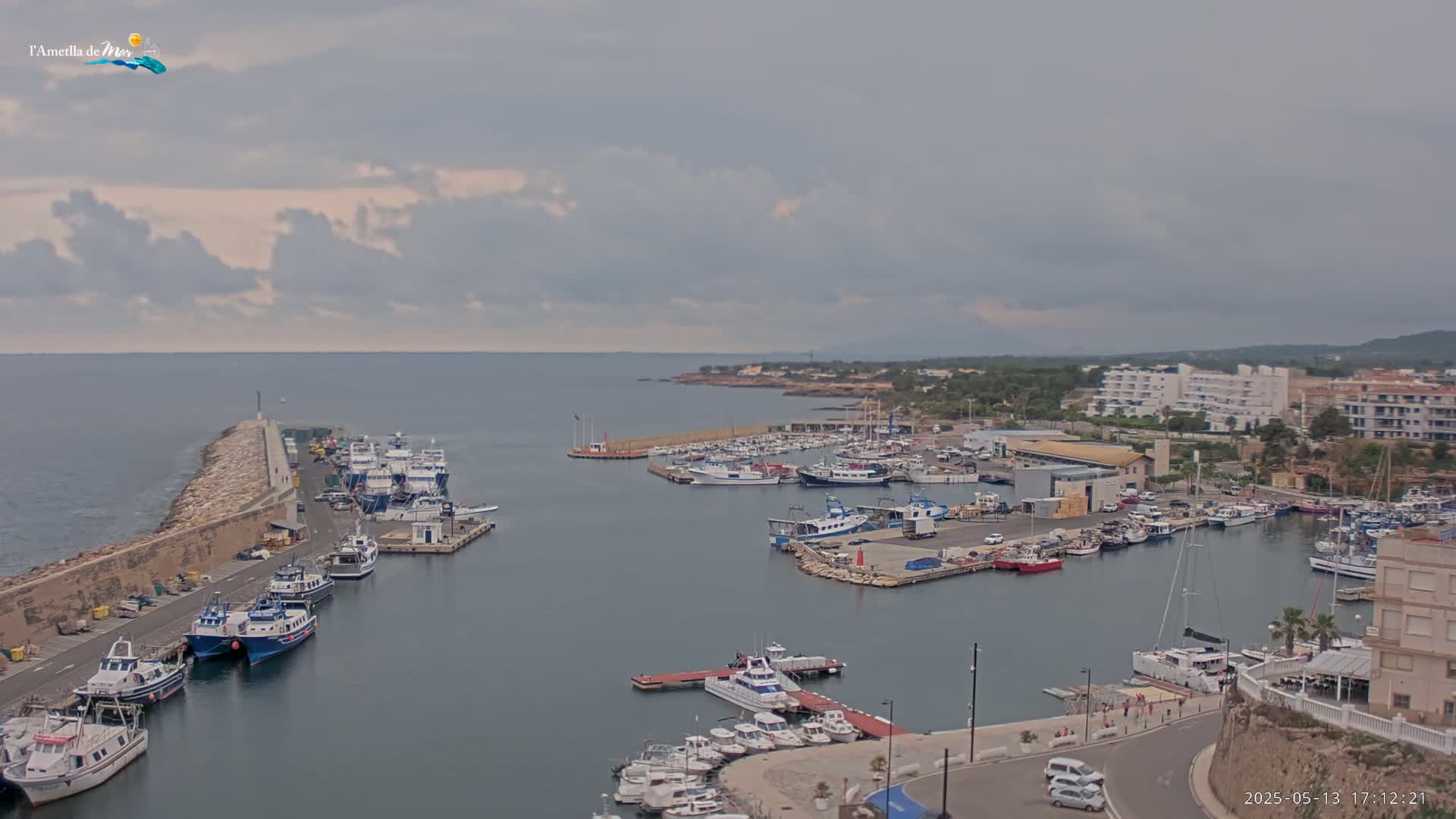 A harbor filled with numerous boats is situated near a coastal town under a mostly cloudy sky.