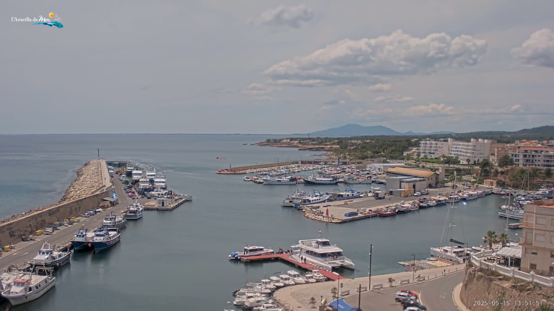 A partly cloudy day reveals a harbor filled with numerous boats and yachts, nestled beside a coastal town and backed by mountains.