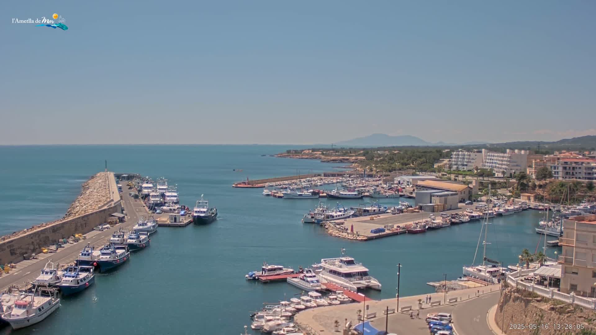 A sunny day reveals a harbor filled with numerous boats of varying sizes, nestled alongside a coastal town and a rocky breakwater extending into a calm sea.