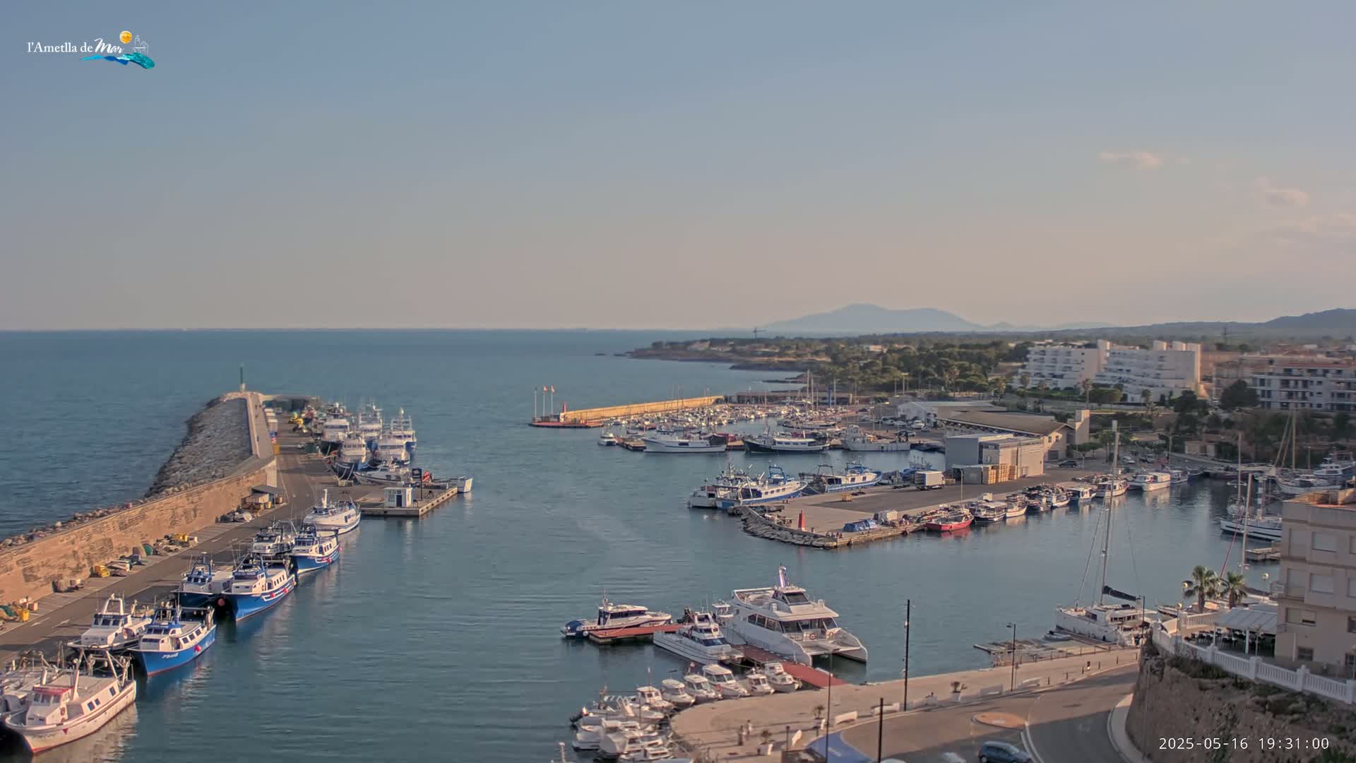A harbor filled with numerous boats and yachts is situated next to a coastal town under a clear, sunny sky.