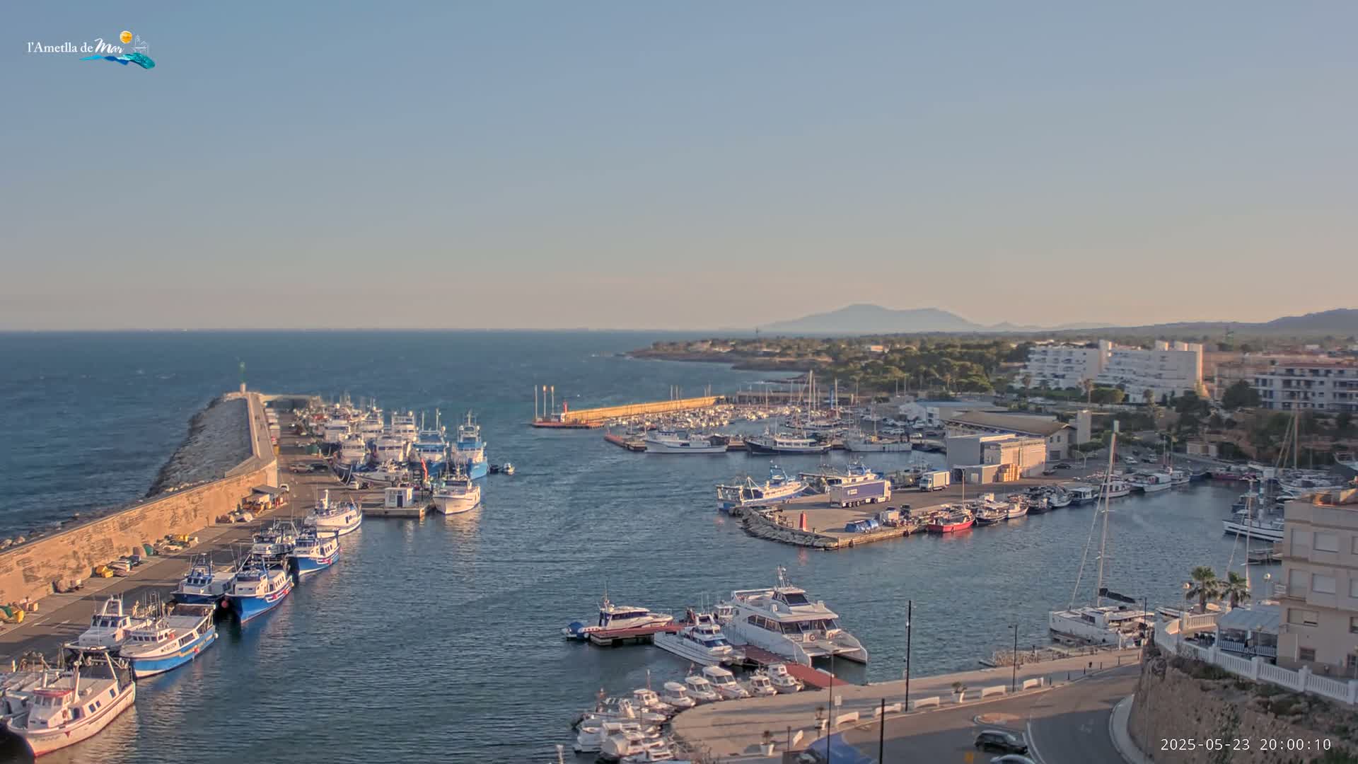 A harbor filled with numerous boats and yachts under a clear, sunny sky, with a calm sea extending to a distant mountain range.