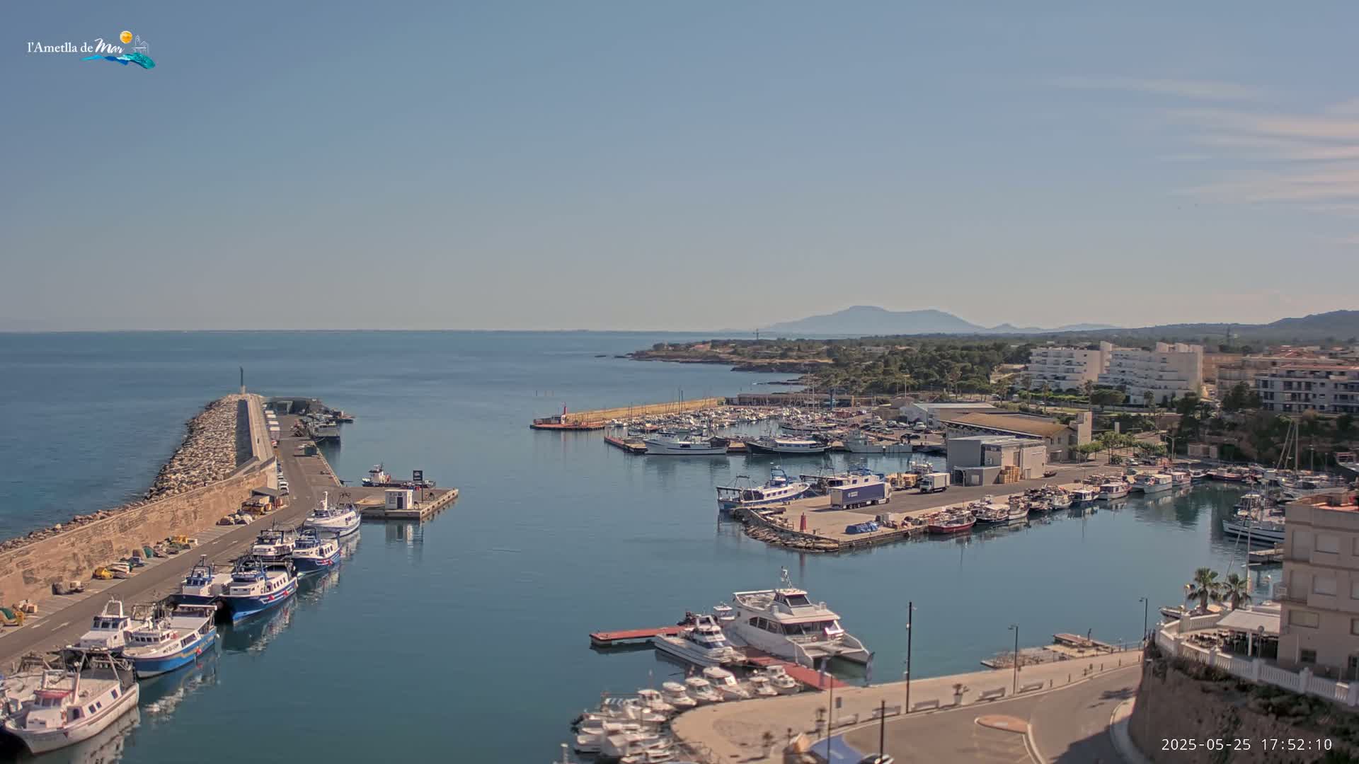 A harbor filled with numerous boats and yachts is situated along a calm, clear body of water, with a distant mountain range visible under a clear sky.