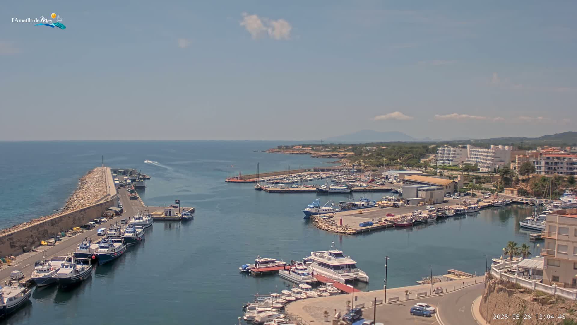 A harbor filled with numerous boats and yachts, situated next to a town under a mostly clear sky.