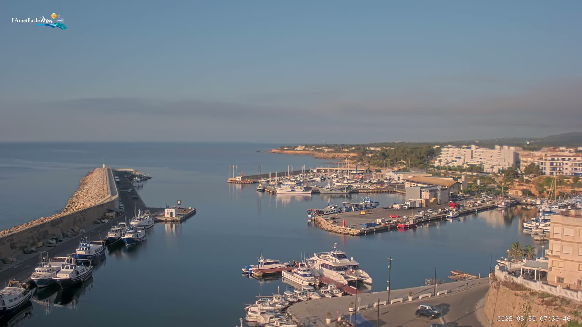A harbor filled with numerous boats is situated next to a coastal town under a clear, bright sky.