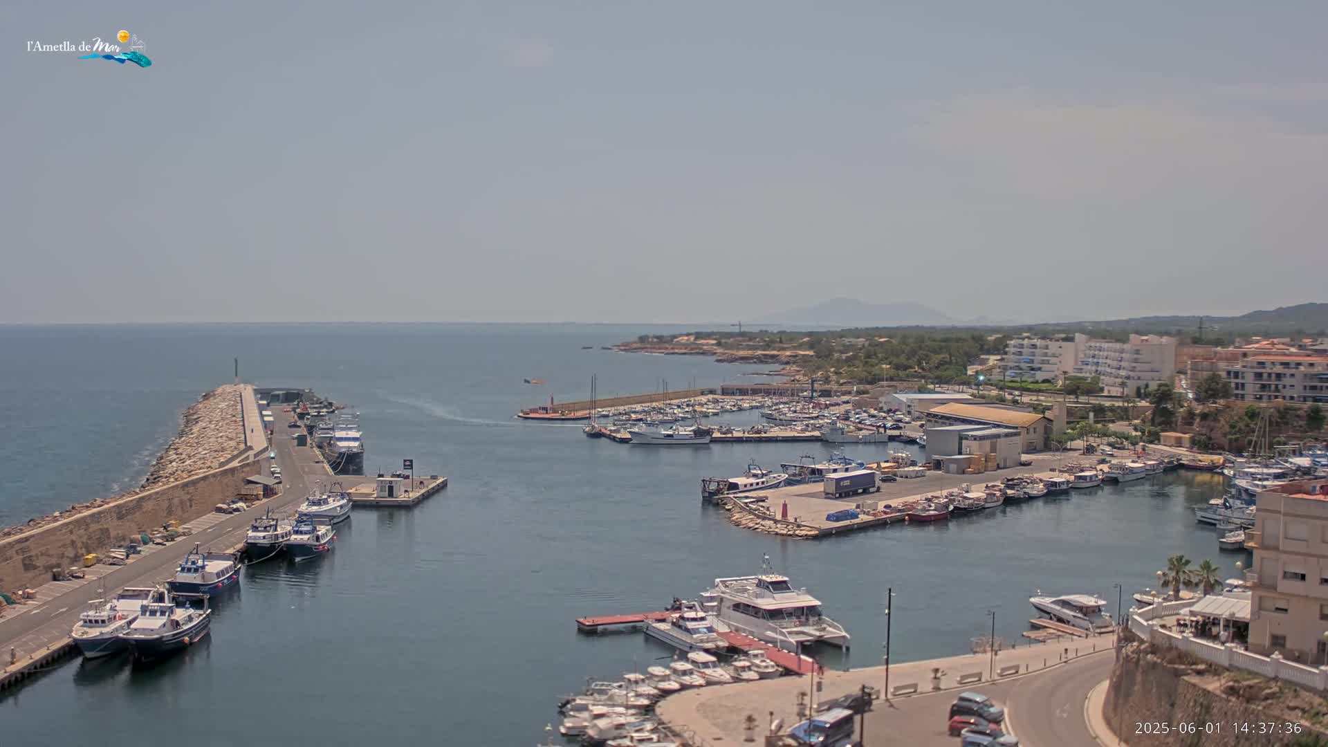 A harbor filled with numerous boats and ships is situated next to a coastal town under a hazy, sunny sky.