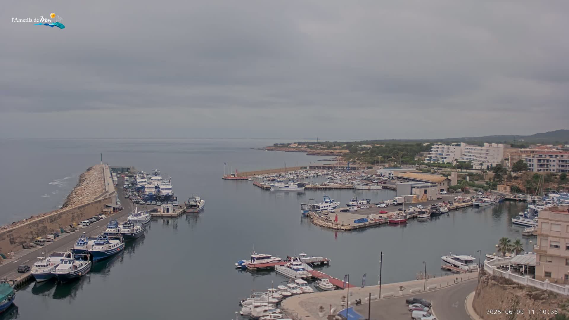 A harbor filled with numerous boats and yachts is situated next to a coastal town under an overcast sky.