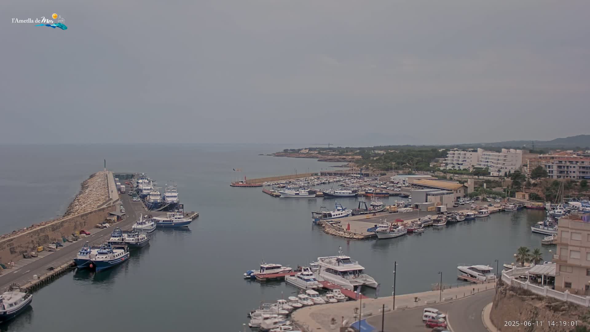 A harbor filled with numerous boats and ships is seen on an overcast day, with a stone breakwater extending into the calm sea.