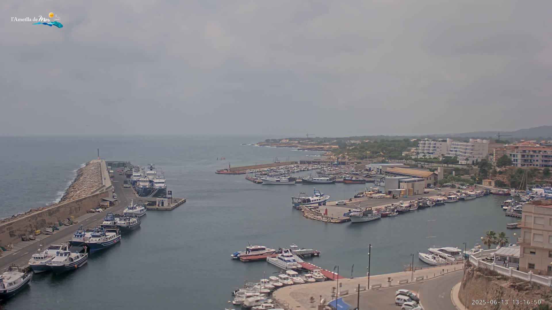 A harbor filled with numerous boats and ships is shown on an overcast day.