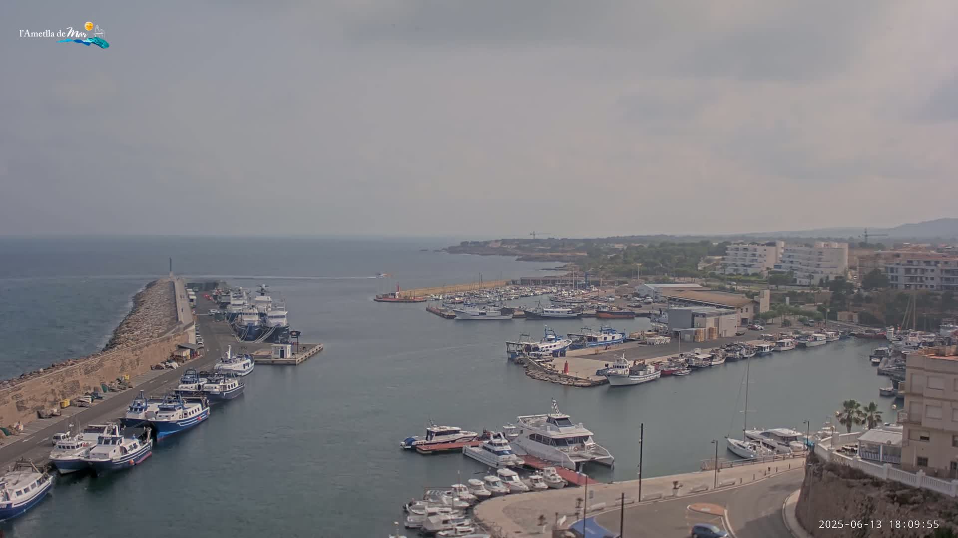 A harbor filled with numerous boats and yachts is seen under an overcast sky.