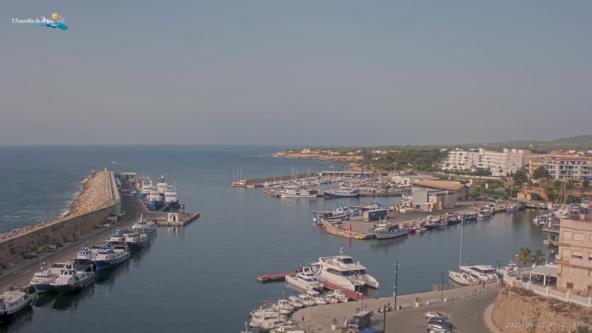 A harbor filled with numerous boats and yachts is situated next to a coastal town under a hazy sky.