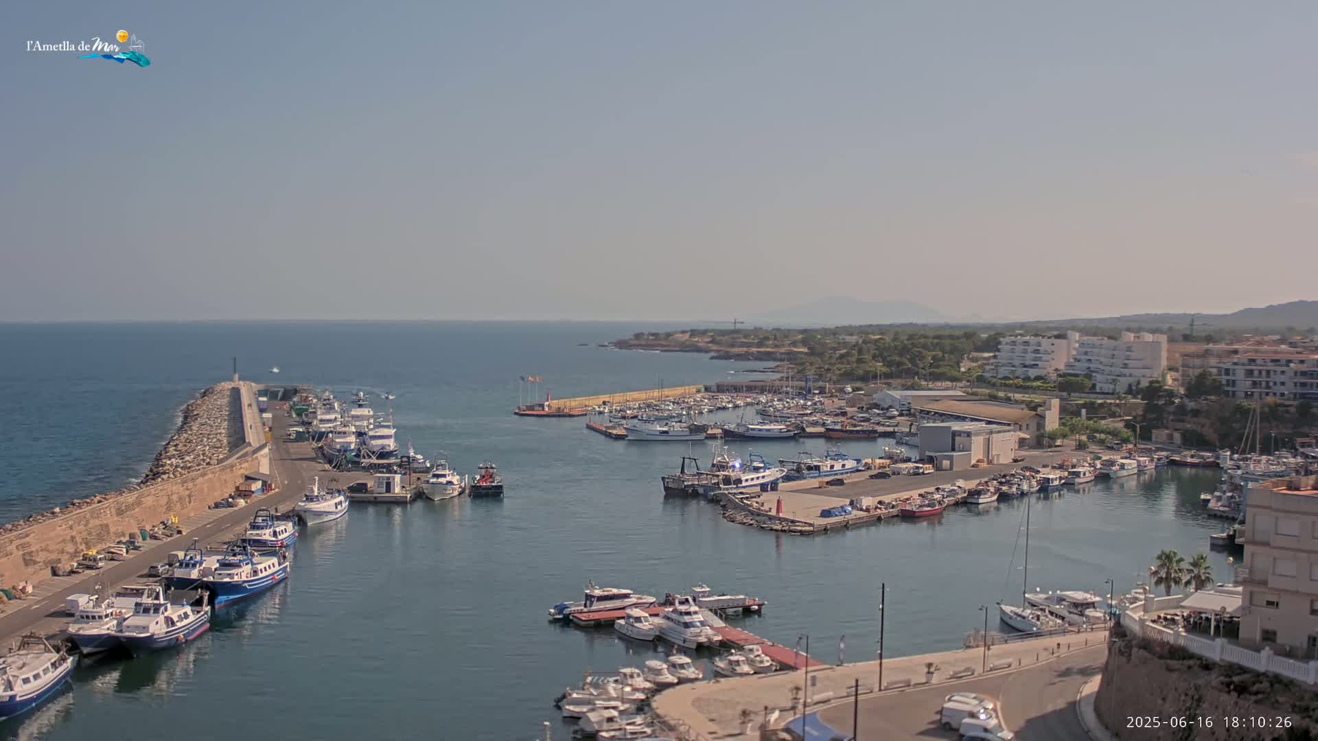 A harbor filled with many boats of various sizes is shown on a sunny day, with calm water and a clear view of the coastline and distant hills in the background.