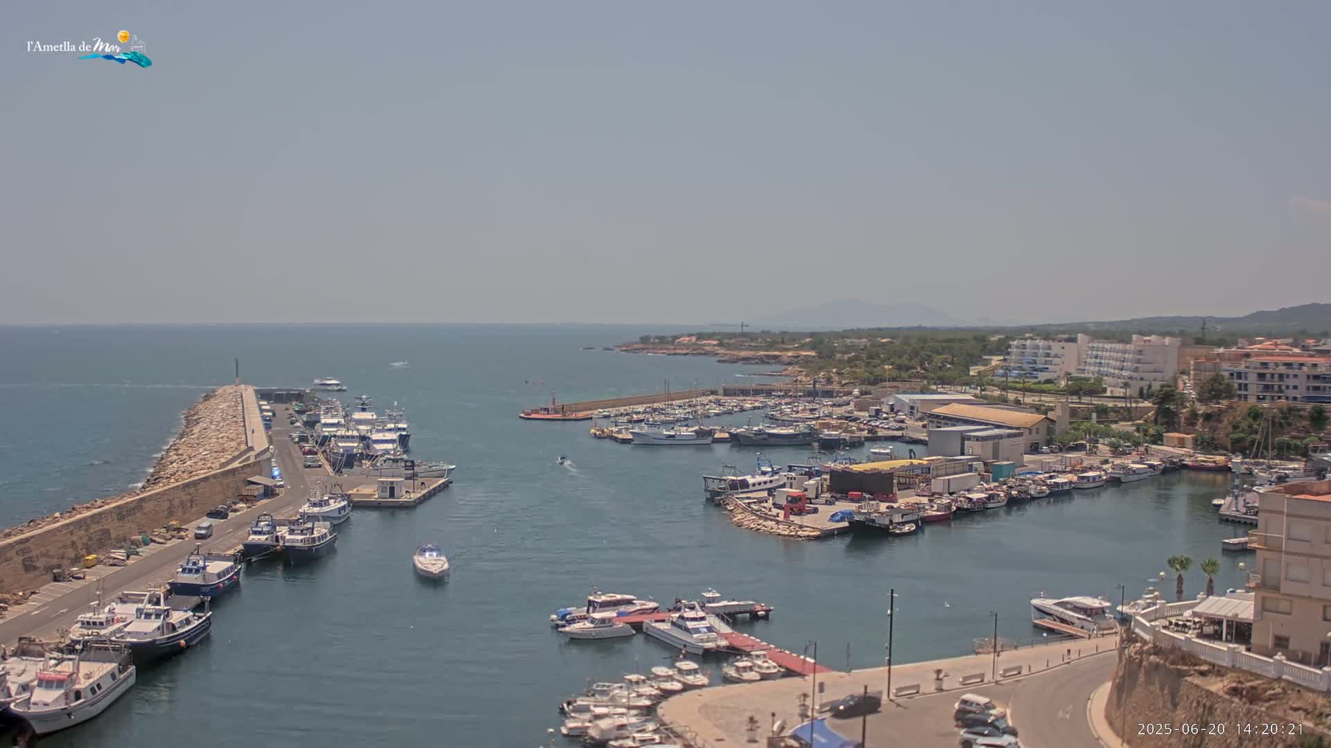 A harbor filled with numerous boats and yachts is situated next to a coastal town under a hazy, sunny sky.