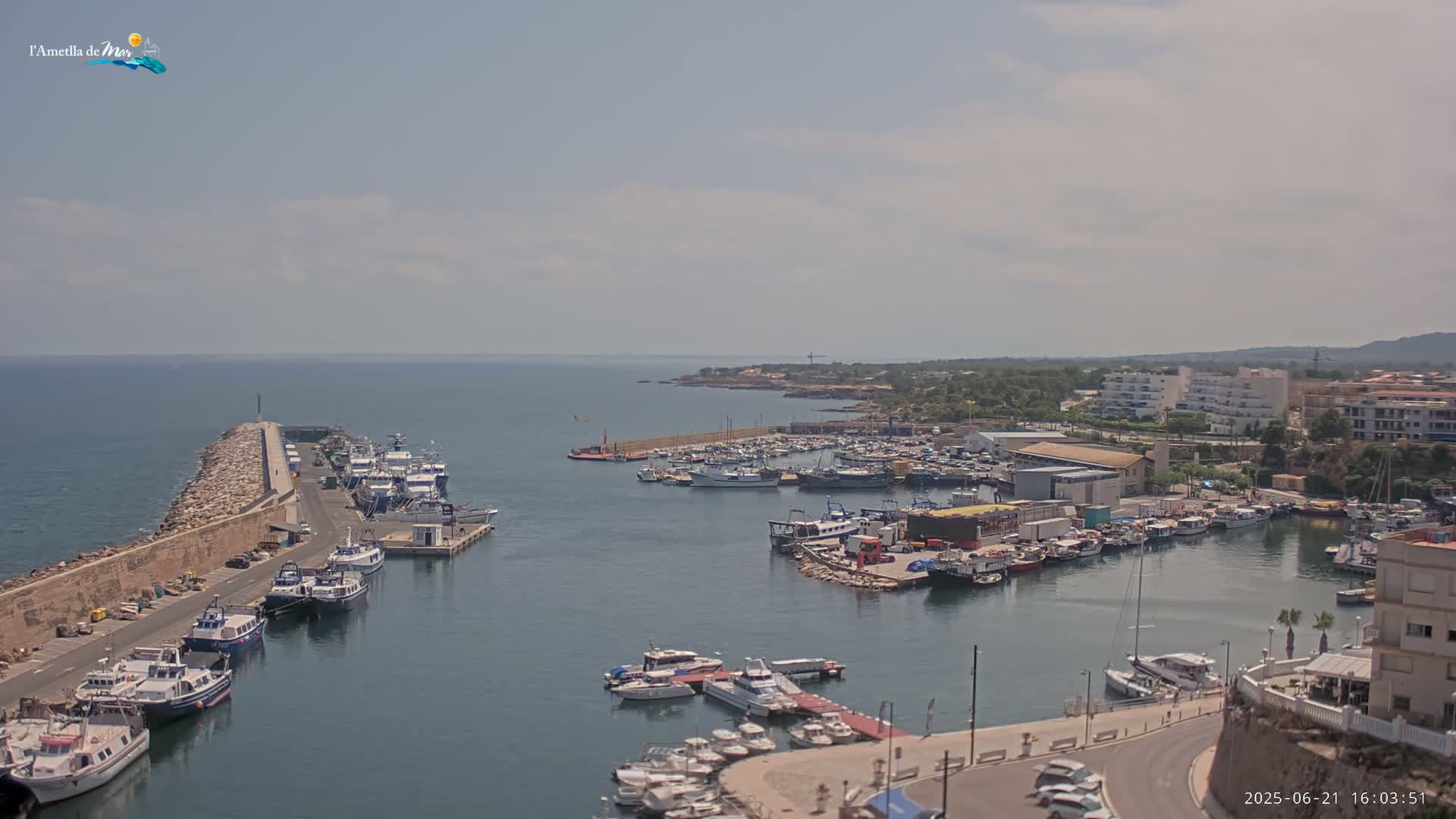 A harbor filled with numerous boats and ships is situated next to a town under a partly cloudy sky.