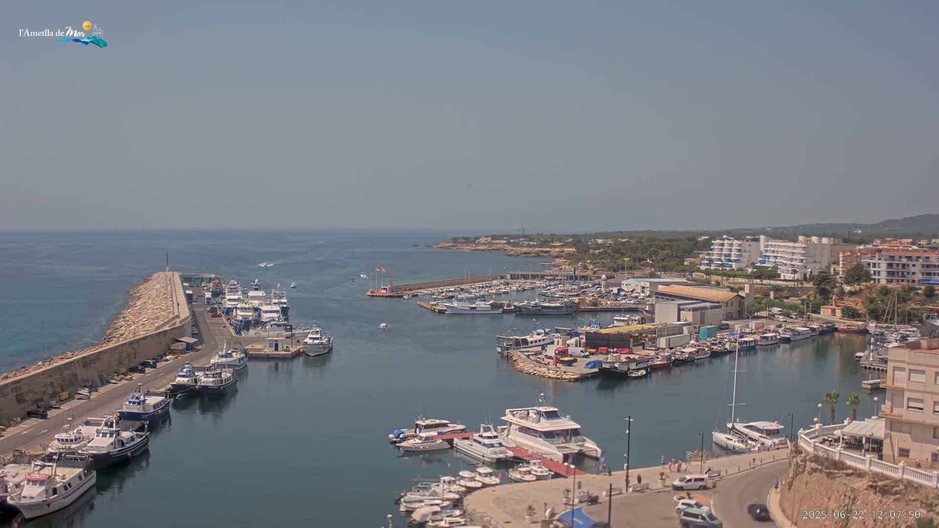 A harbor filled with numerous boats is situated along a coastline under a hazy sky.