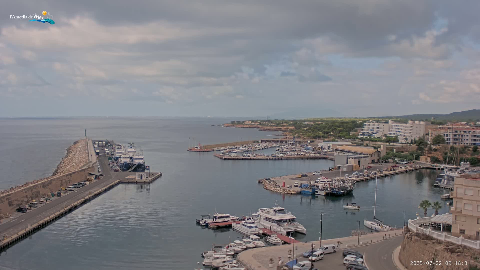 A harbor filled with boats is seen under a cloudy sky.