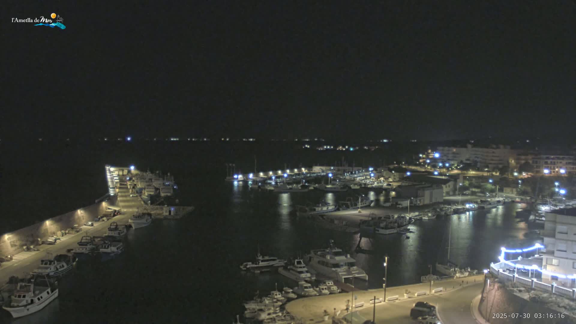 A harbor filled with boats is seen under a cloudy sky.