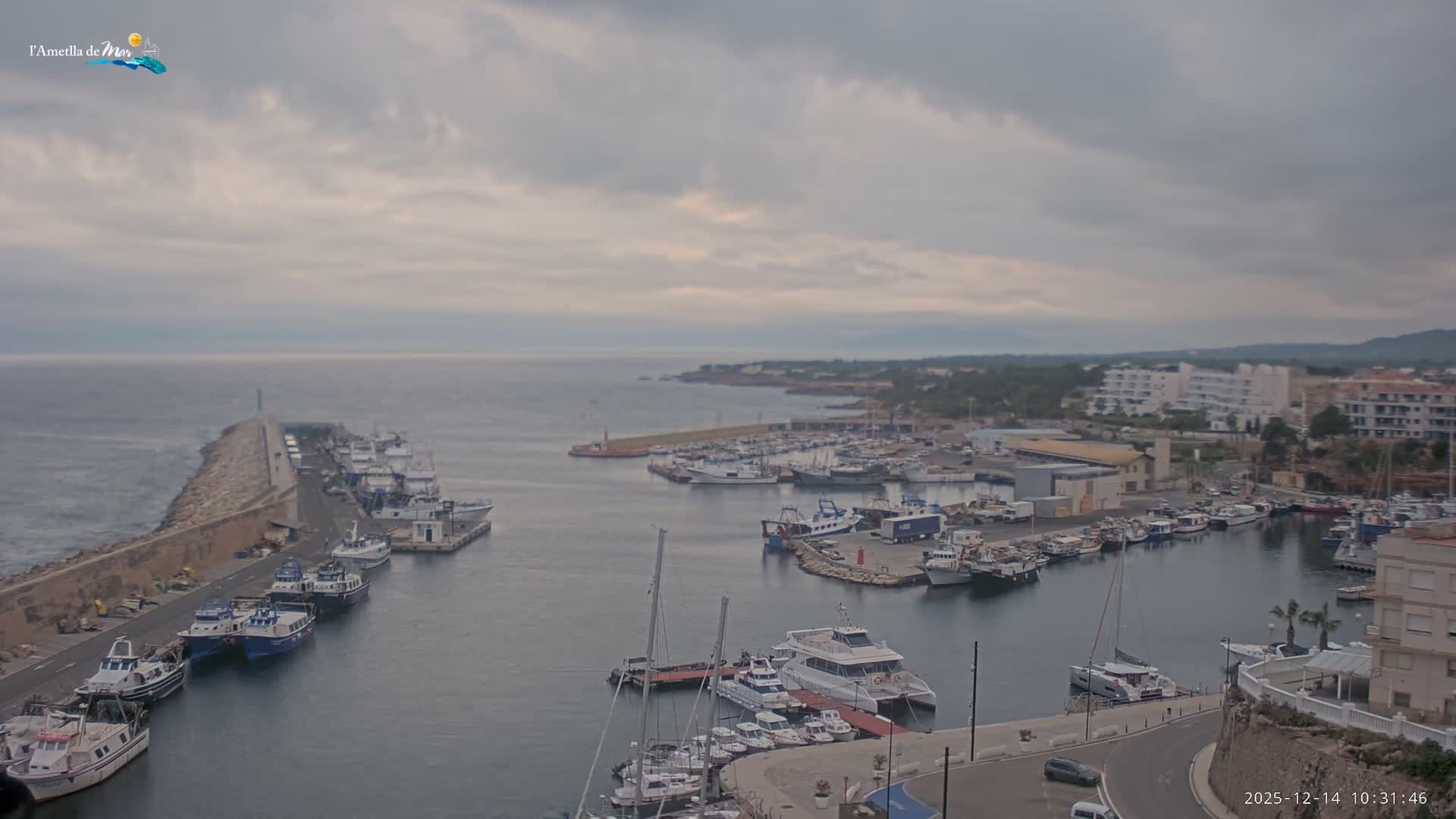 Numerous boats are docked in a calm harbor with a long stone pier extending towards the open sea, where a rugged coastline and distant mountains meet an overcast sky.