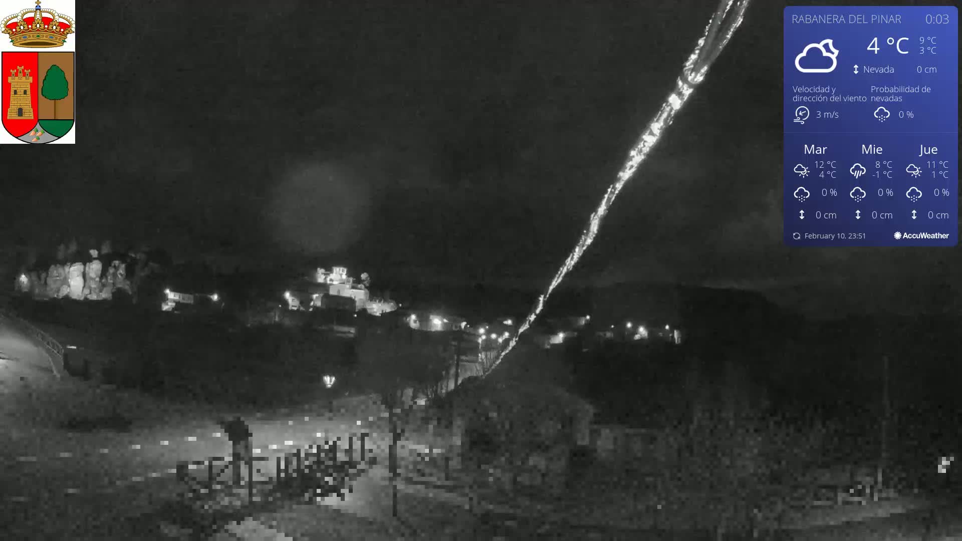A nighttime long exposure photograph shows a small town illuminated by streetlights, with a bright streak in the sky, under a clear, cold, 4°C night sky.