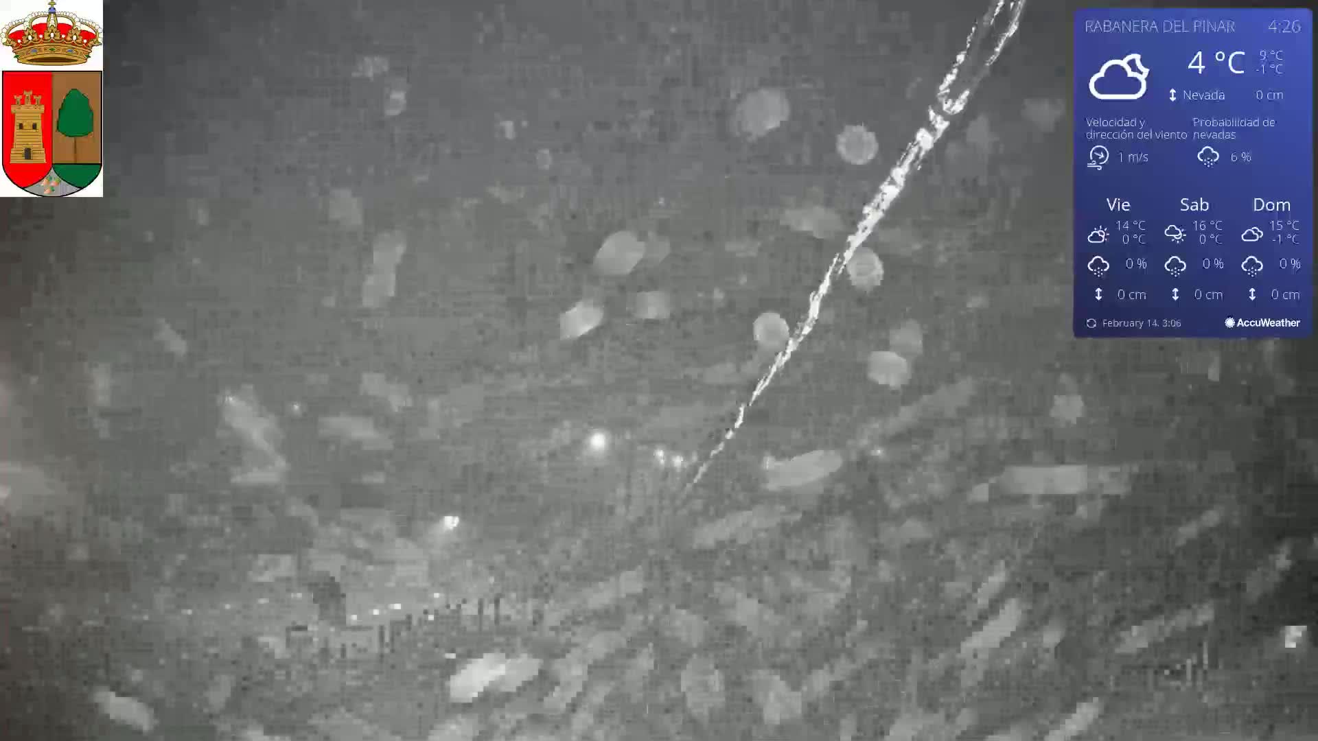 A nighttime, low-light outdoor view shows light snowfall with a 4°C temperature.