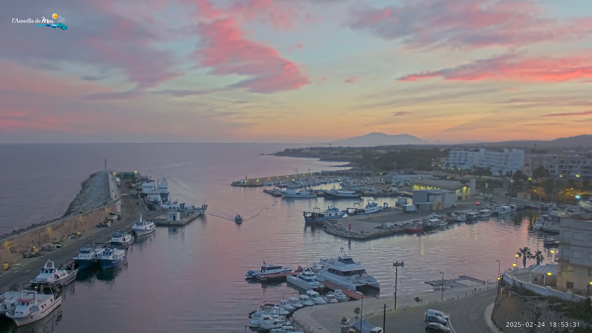 A harbor filled with many boats is shown at sunset under a pink and orange sky.