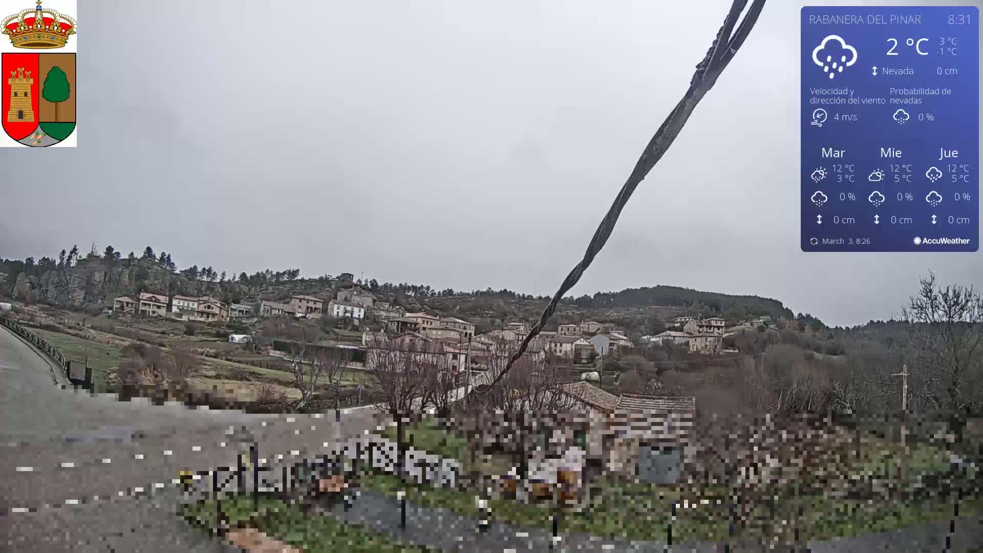 A small village nestled on a hillside under a gray, overcast sky with light snow.