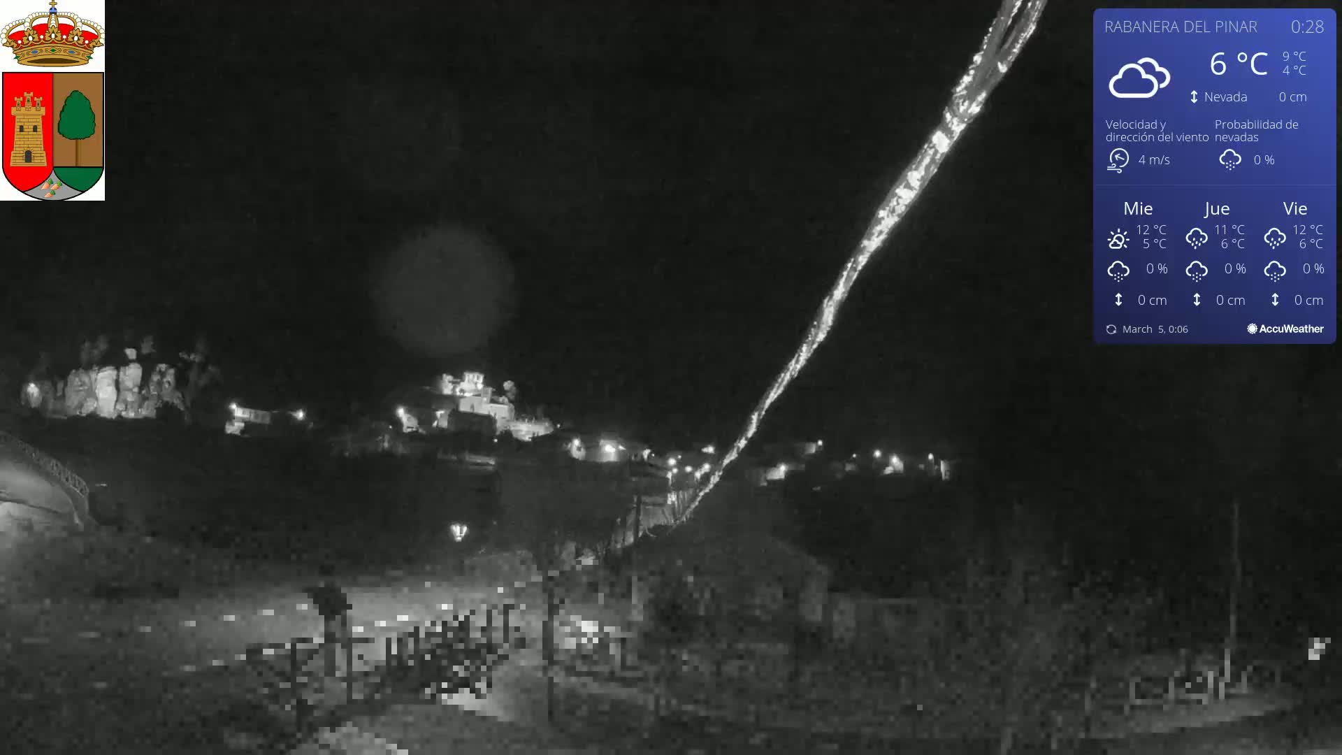 A nighttime, low-light view of a town illuminated by faint lights, with a bright streak in the sky under partly cloudy conditions and a temperature of 6°C.