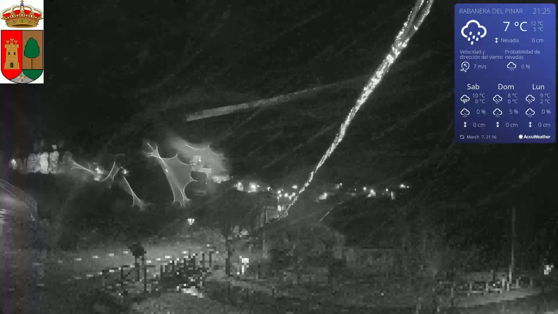 A nighttime, snowy scene shows a road with some lights visible in the distance, under a sky with light snowfall.