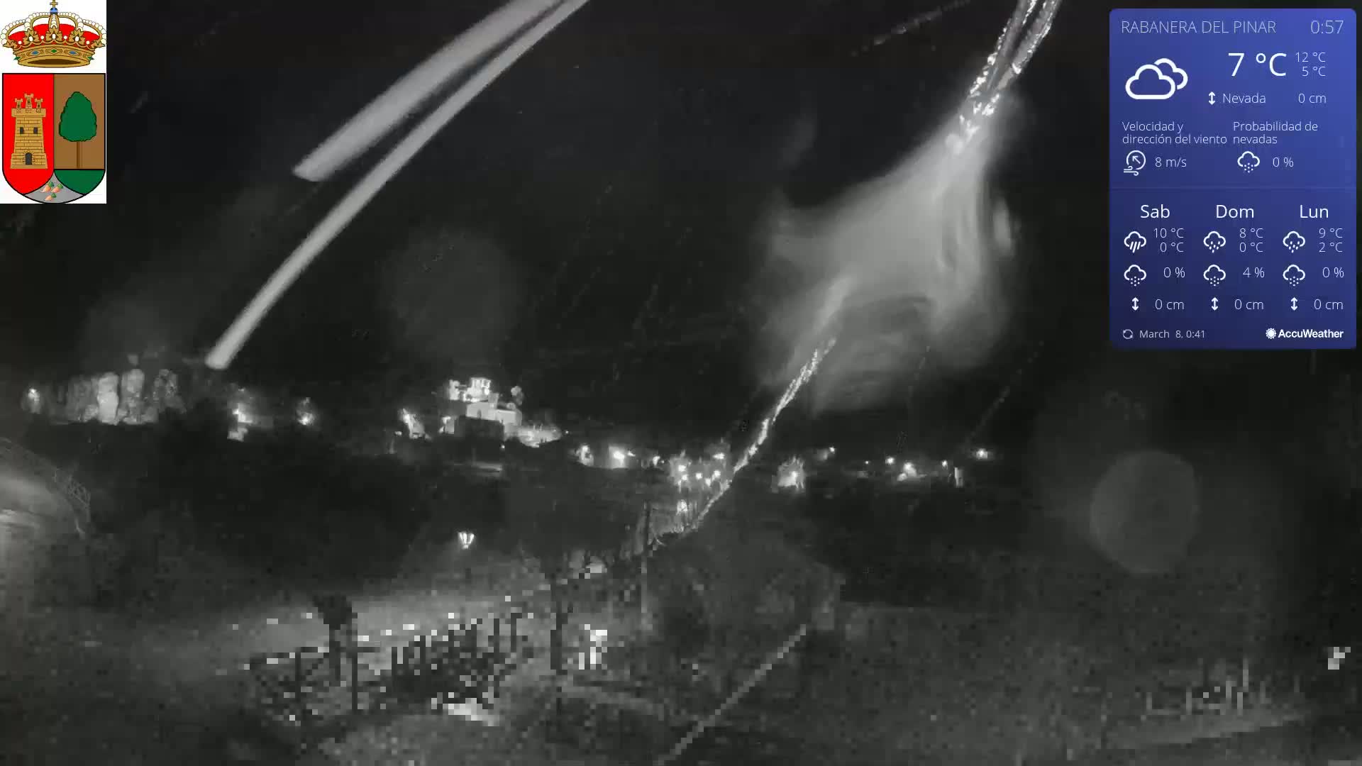 A nighttime, snowy scene shows a village illuminated by scattered lights under a dark sky with bright streaks of falling snow.