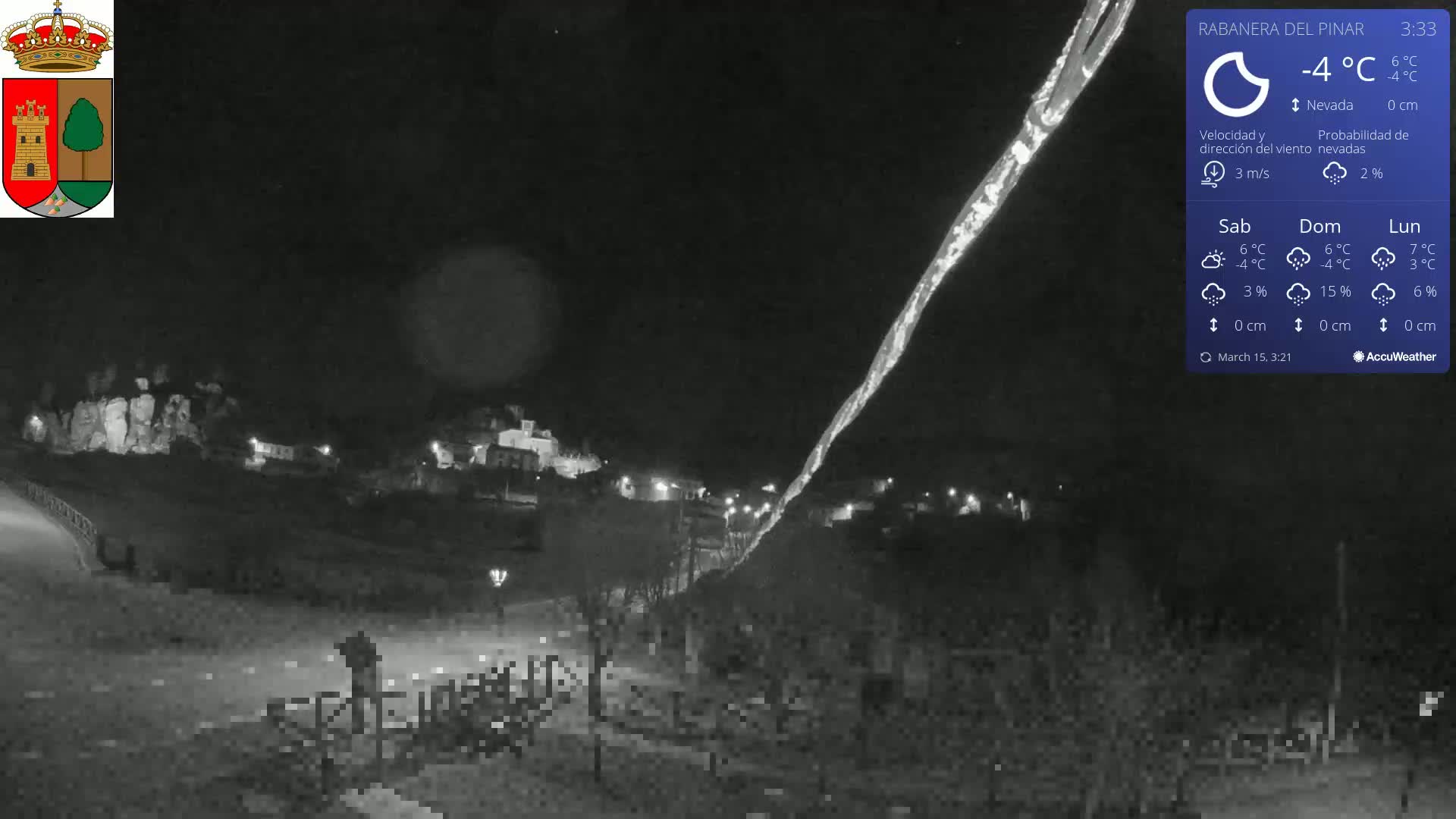 A nighttime, low-resolution view of a small town under a dark sky with a bright streak in the sky, at -4°C with a 2% chance of snow.