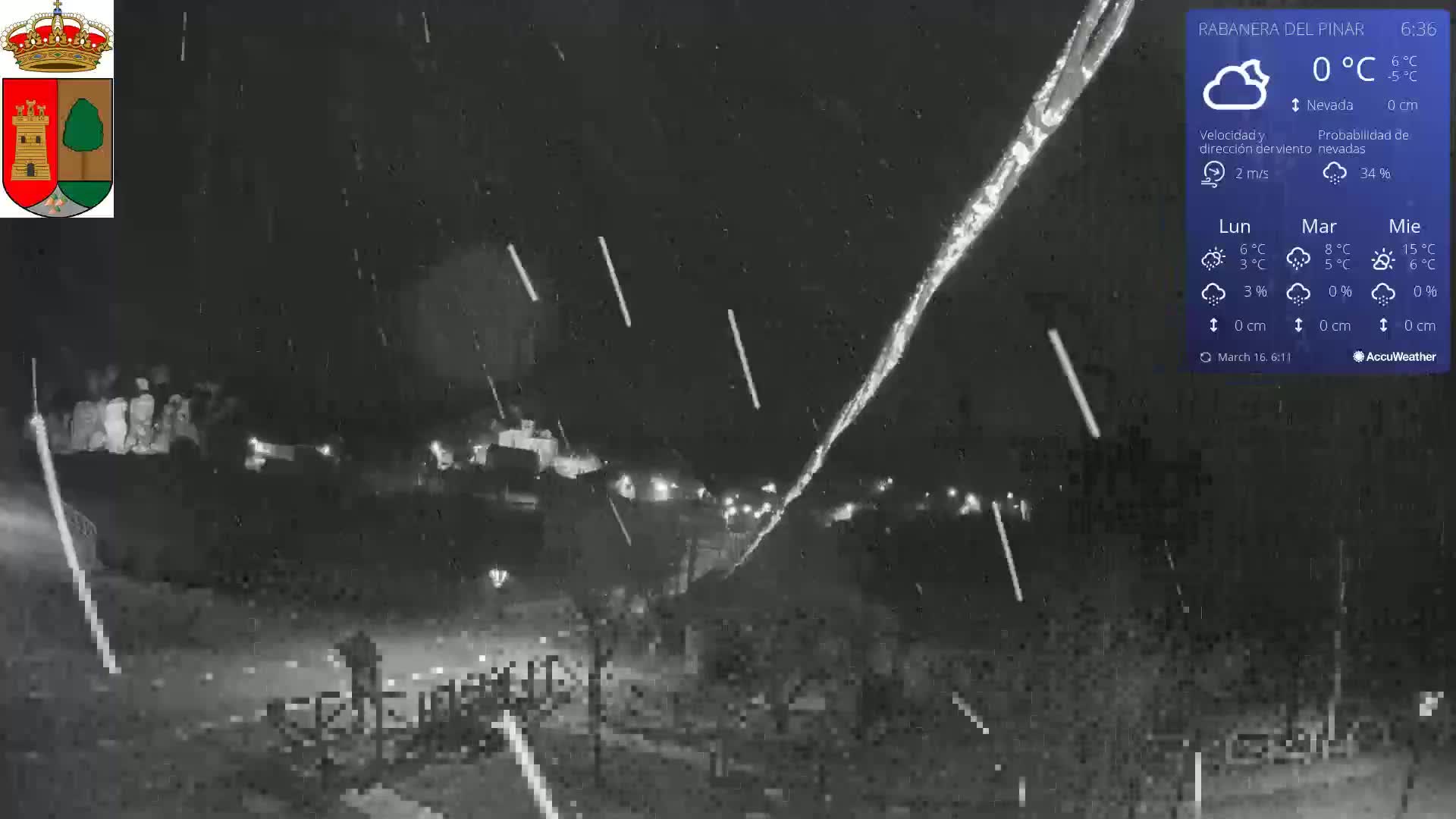 A nighttime, snowy scene shows a road with vehicles and some people, under a dark sky with light snow falling.