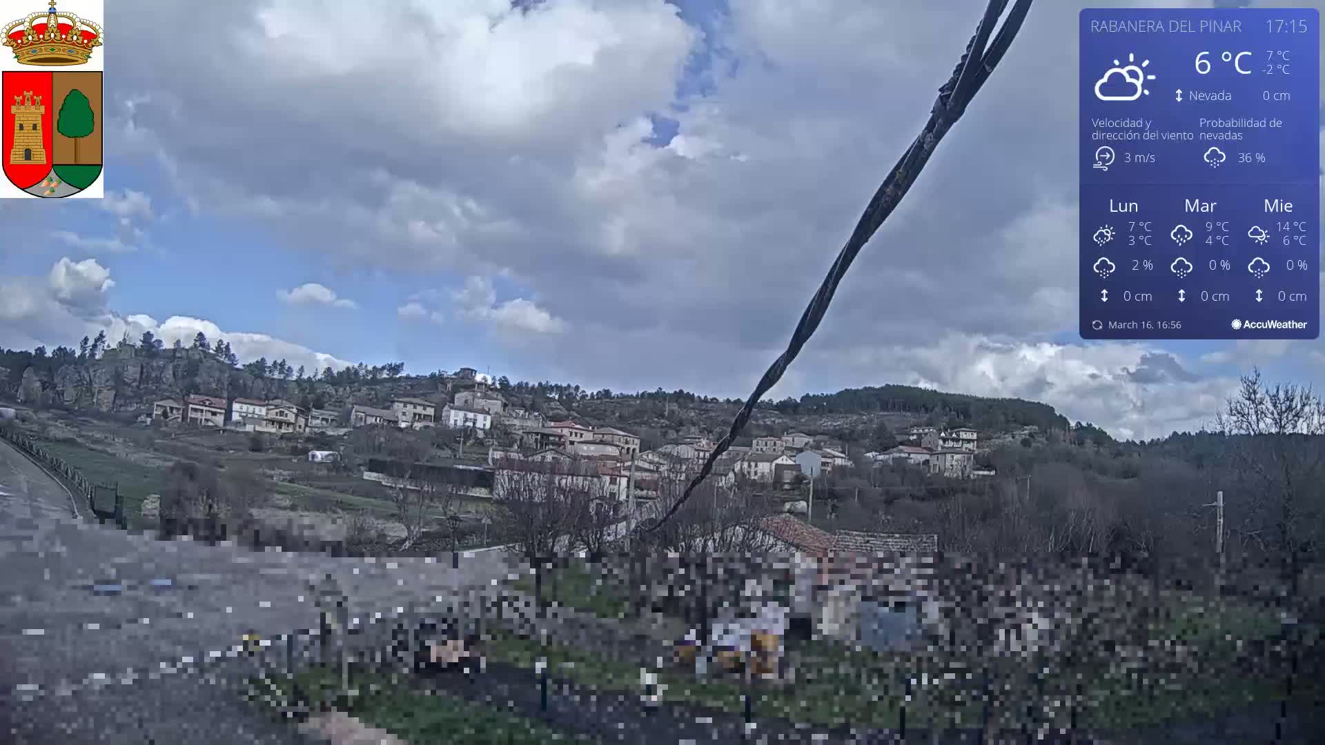 A partly cloudy sky over a small village nestled in a hillside, with a group of people gathered in the foreground.