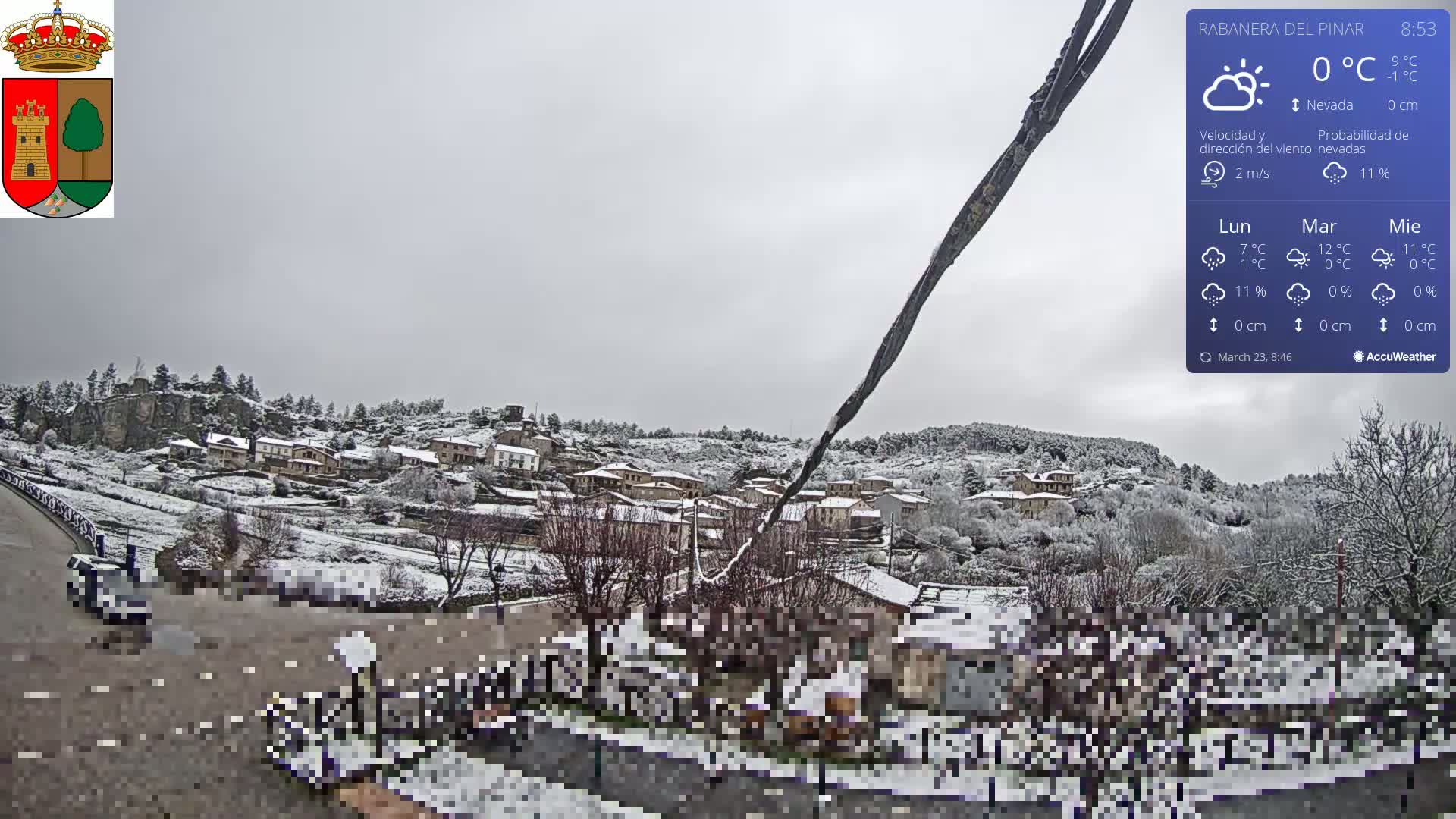 A snow-covered village sits on a hillside under a gray, overcast sky.
