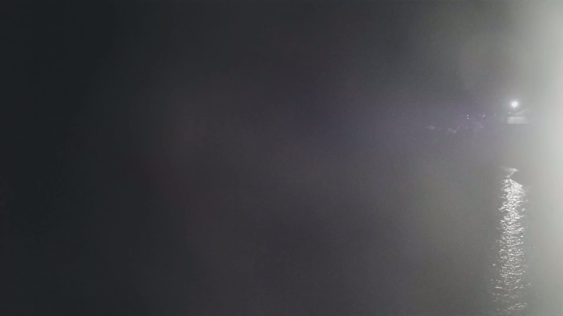 A dimly lit body of water is visible in foggy nighttime conditions, with a light source in the distance.