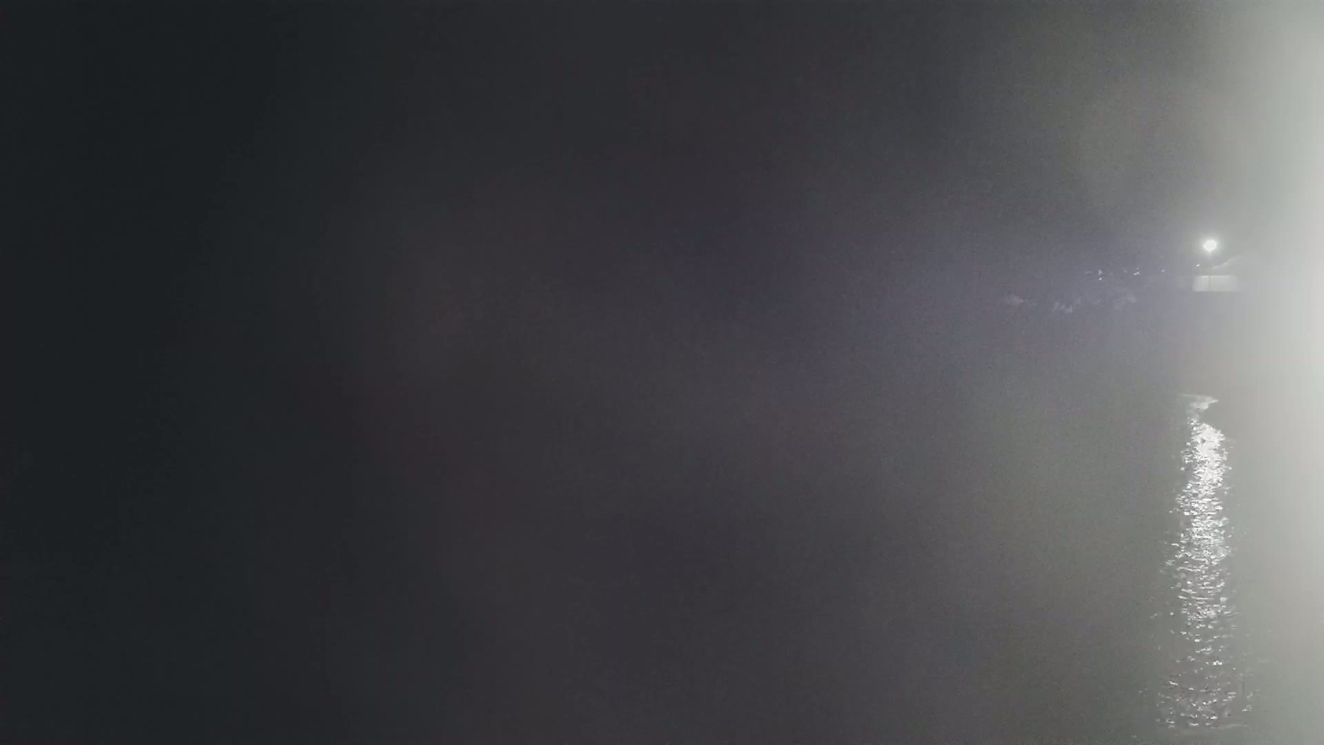 A body of water reflects light at night in foggy conditions.