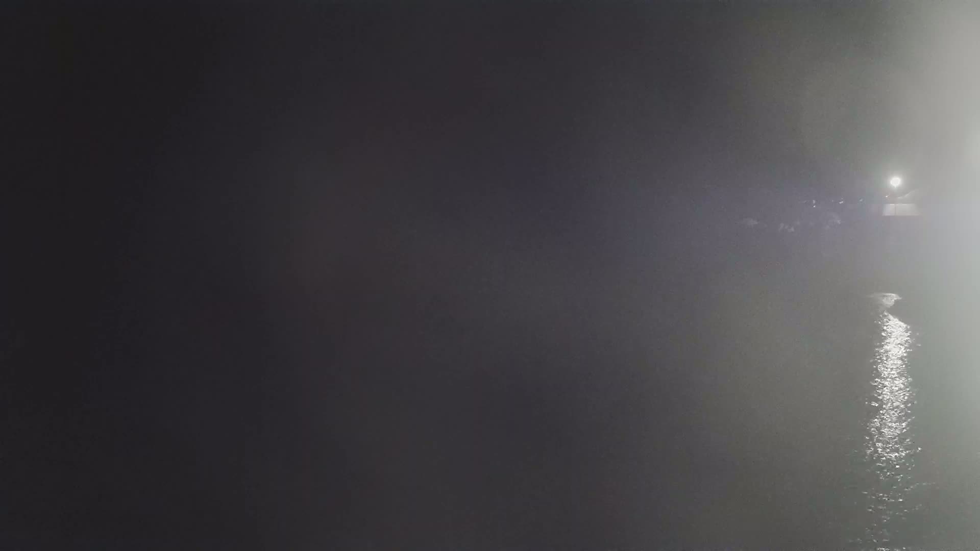 A body of water reflects light in a foggy nighttime setting.