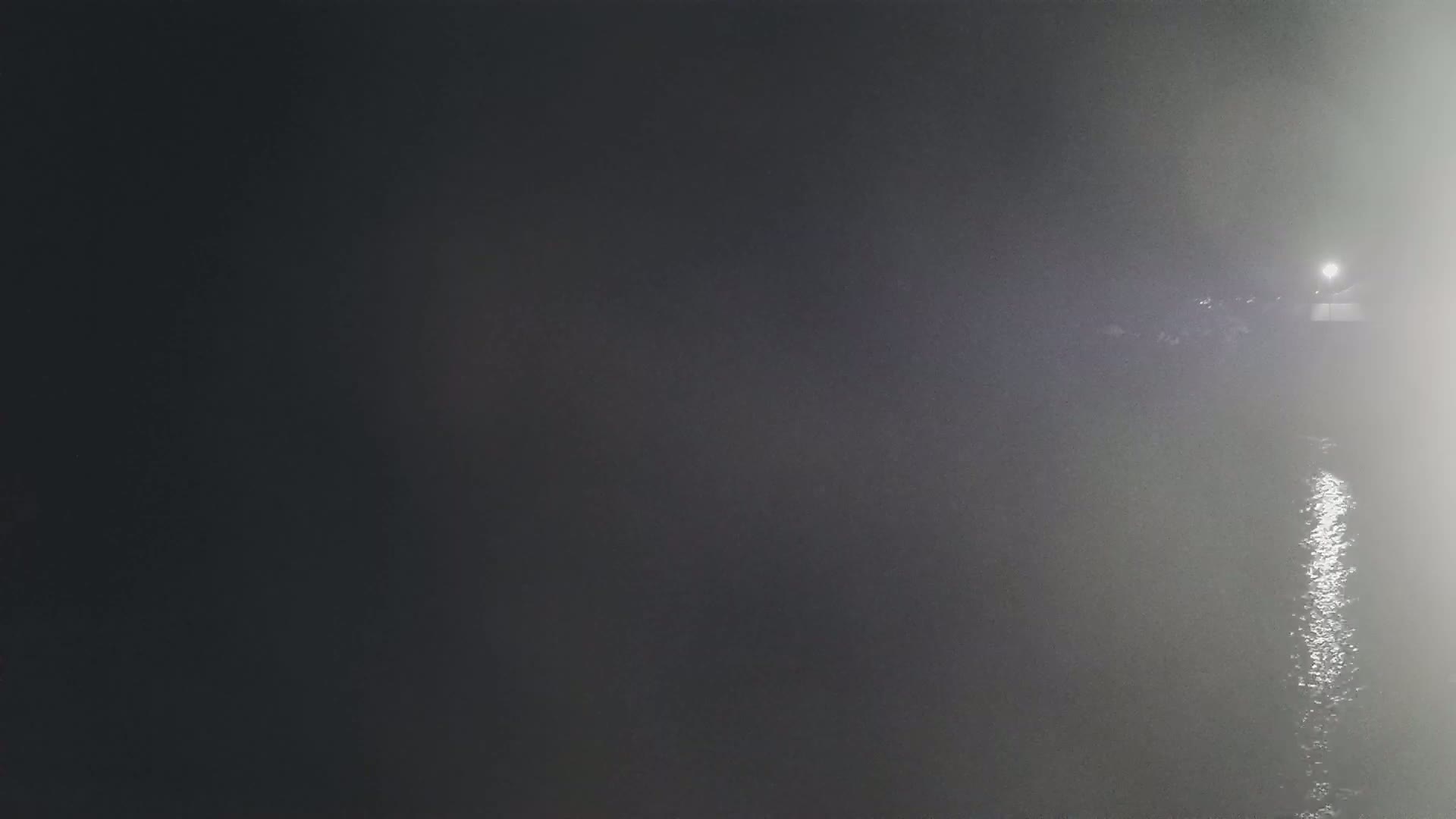 A dimly lit body of water is seen at night in foggy conditions, with a light source visible in the distance.