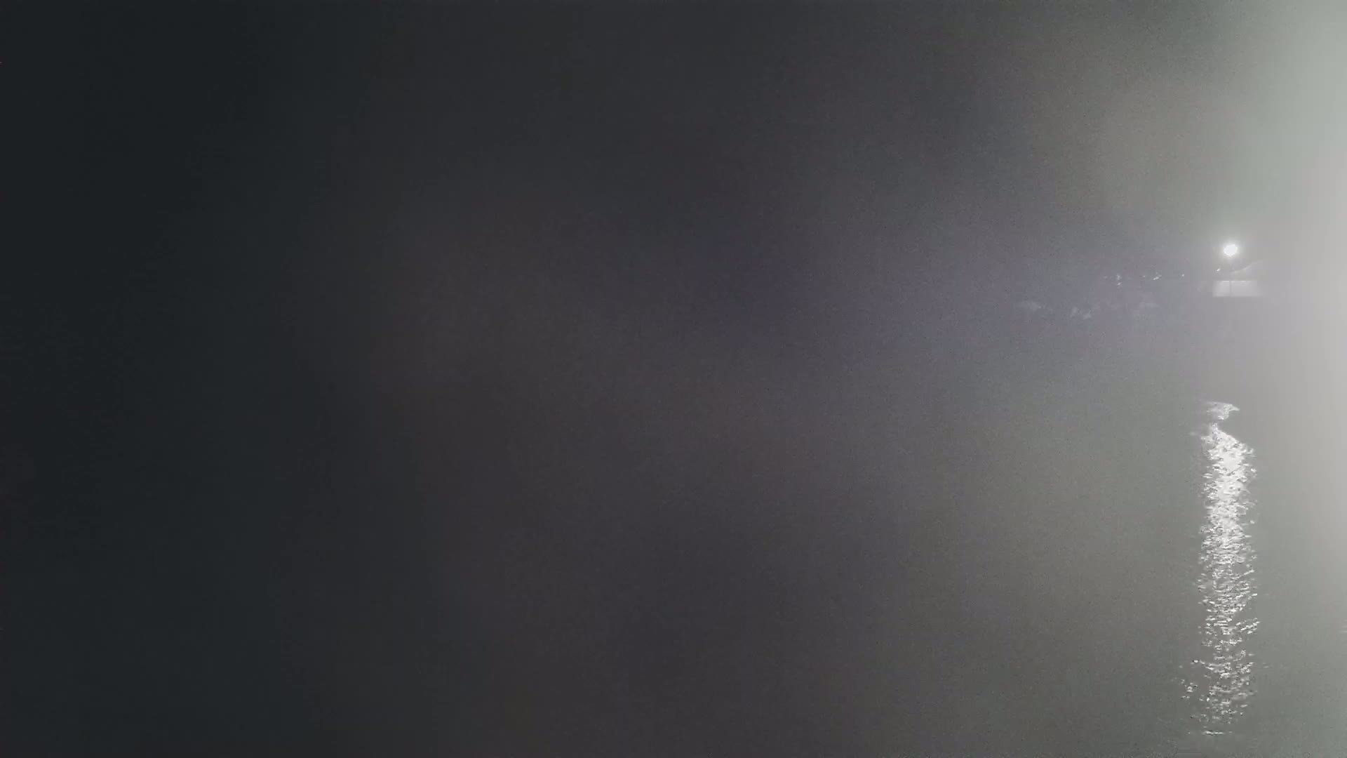 A dimly lit body of water reflects a light source in the distance under foggy nighttime conditions.