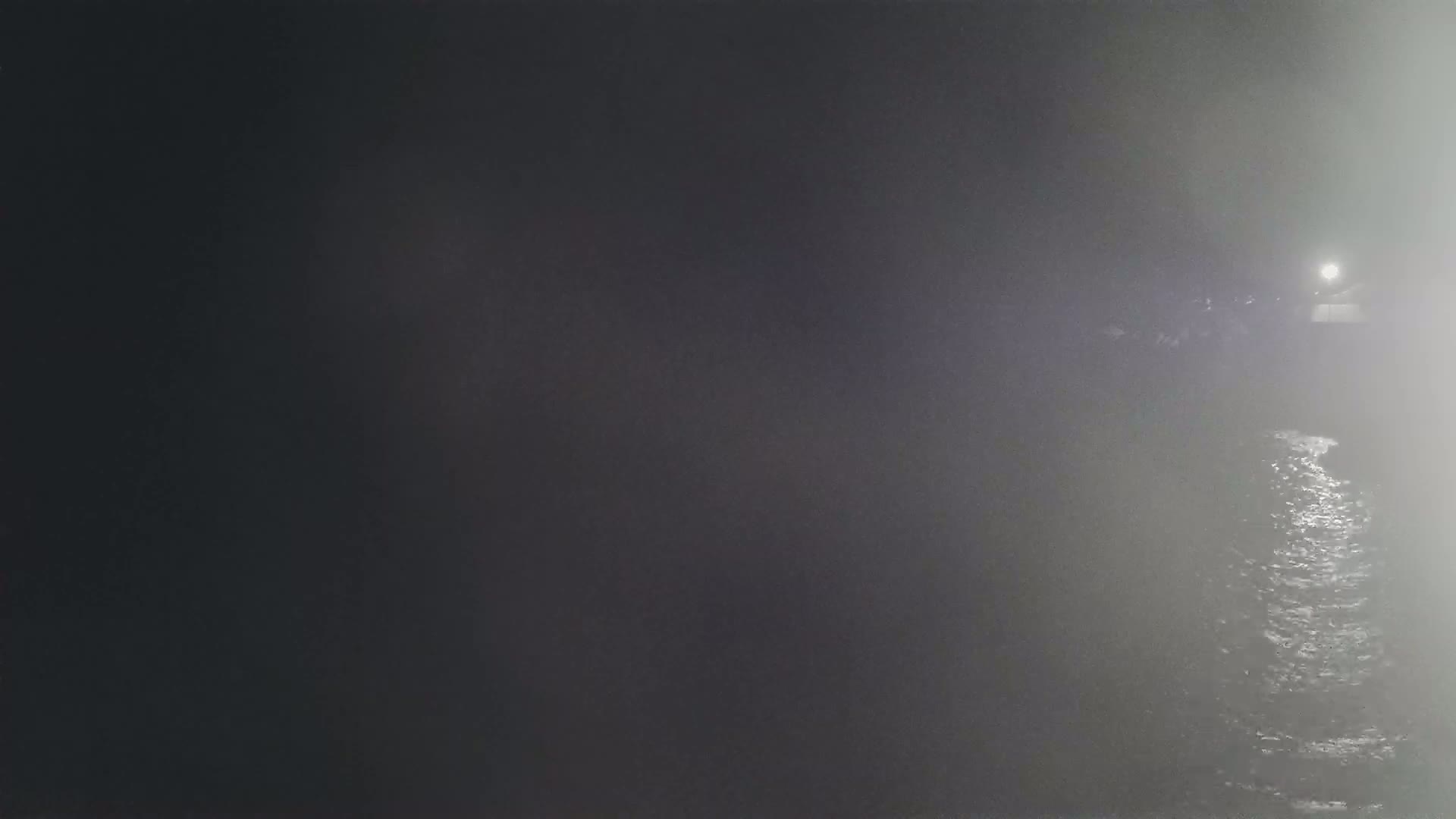 A dimly lit body of water is visible through a thick fog at night.