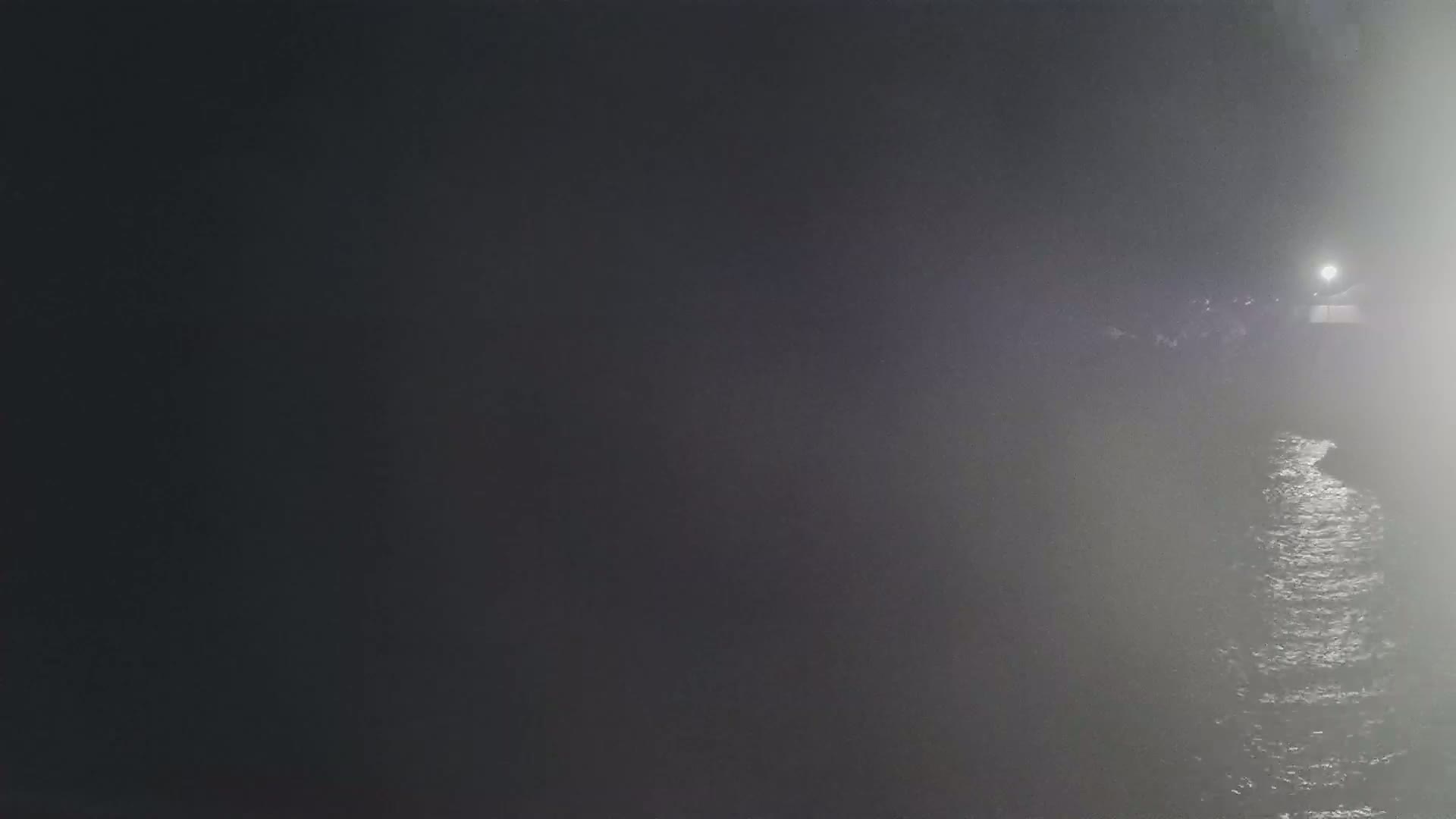 A dimly lit, foggy night scene shows a body of water with a light source in the distance.