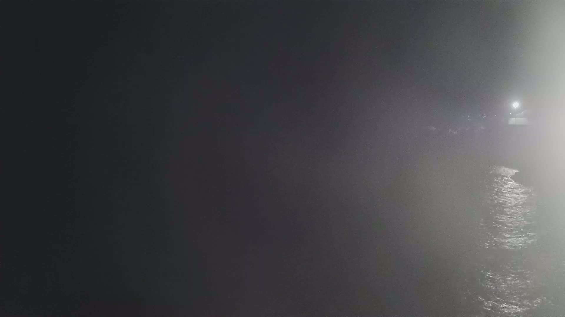 A dimly lit body of water is visible at night, with fog obscuring much of the view, and a light source in the distance.
