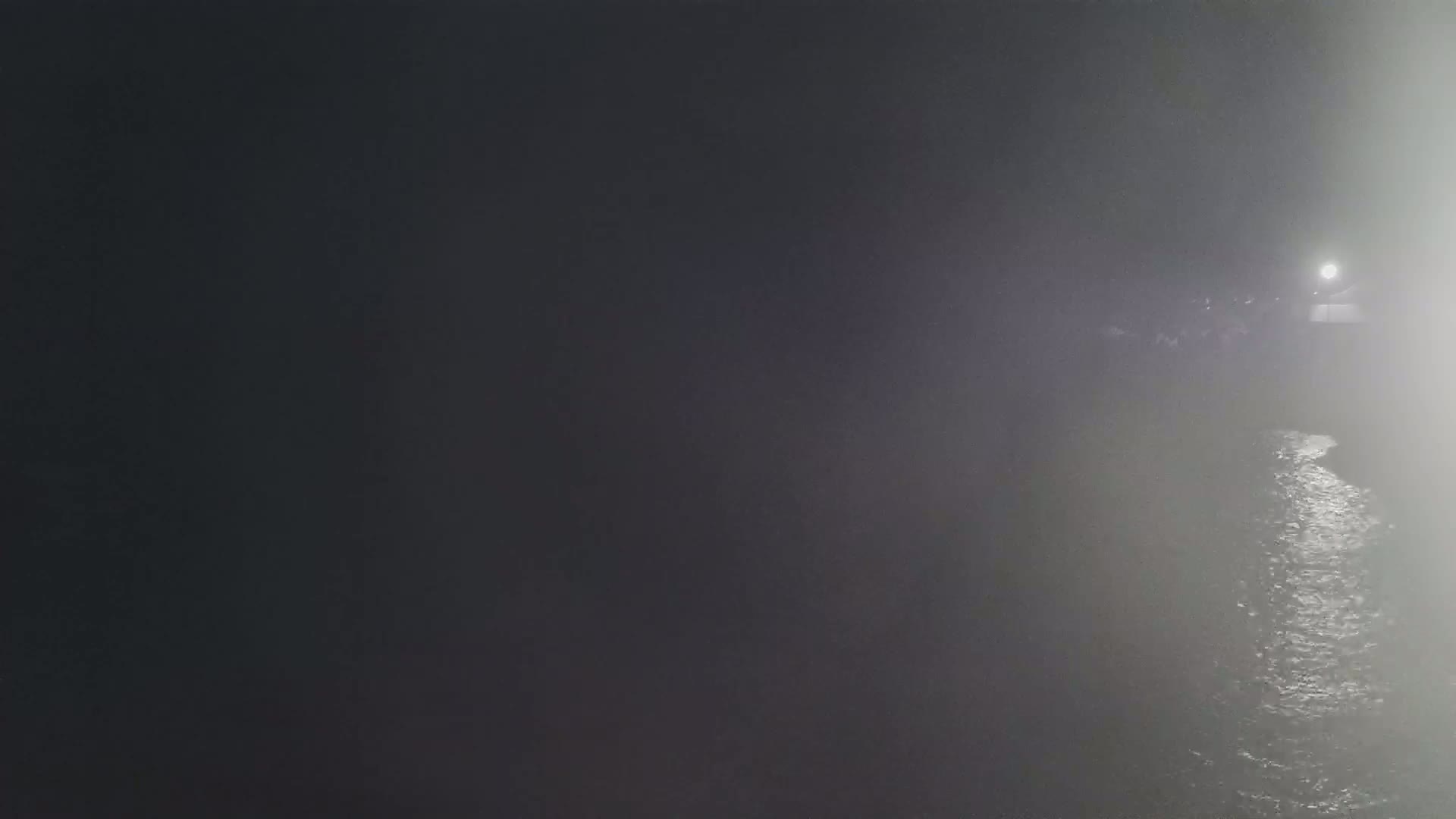 A dimly lit body of water is visible through a thick fog at night, with a light source in the distance.