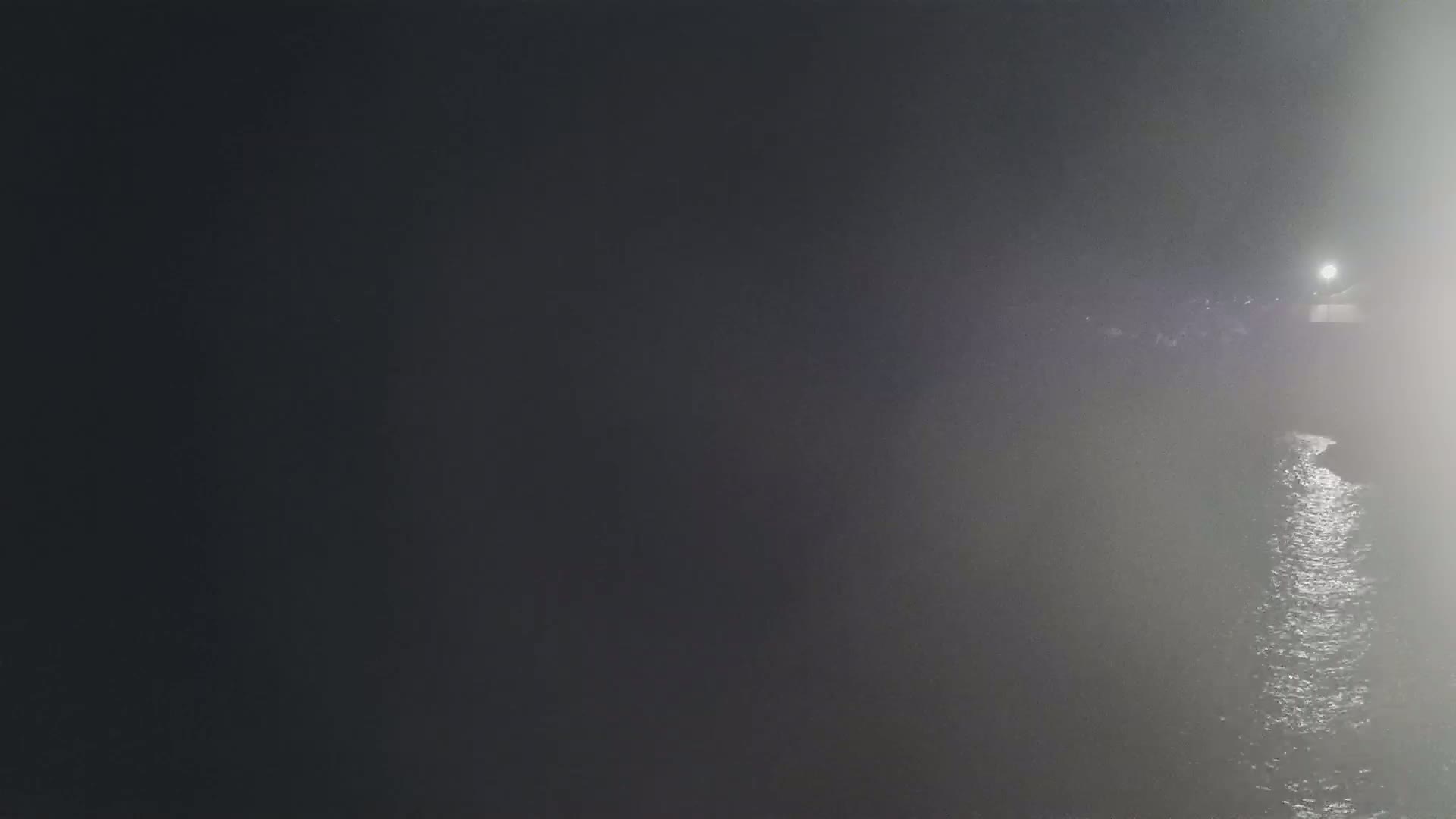 A dimly lit body of water is visible at night in foggy conditions, with a light source in the distance on the right.