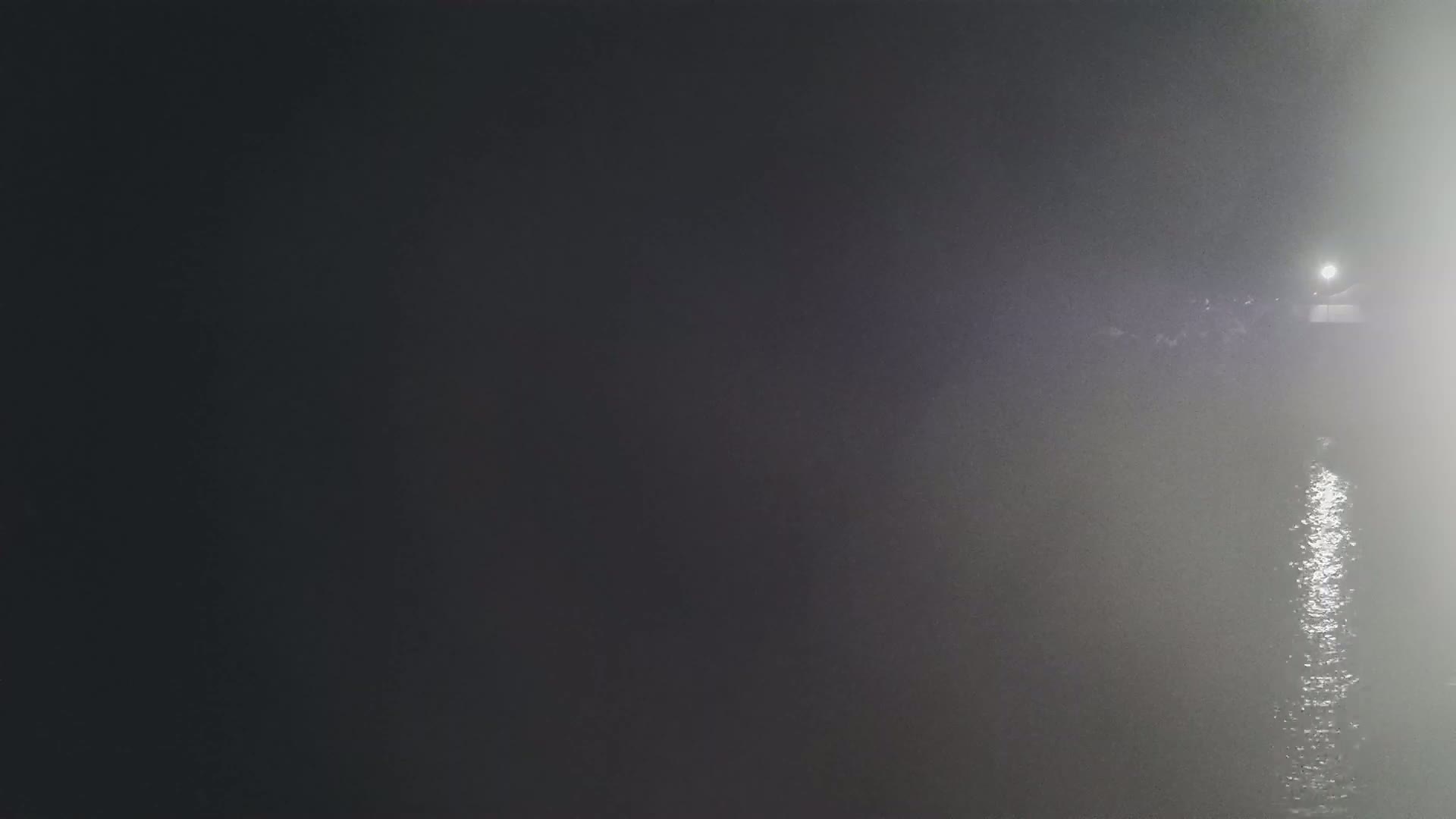 A dimly lit body of water is partially obscured by fog at night, with a light source visible in the distance.