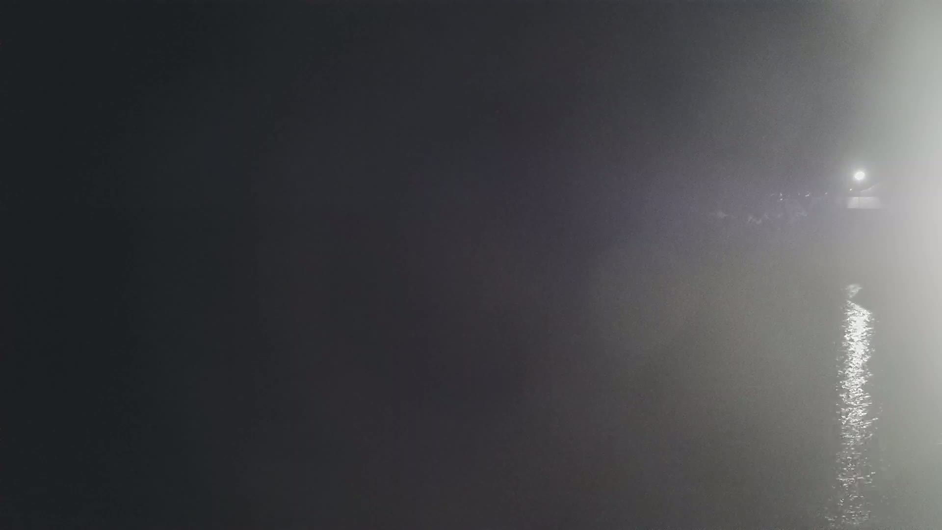 A dimly lit body of water is visible through a dense fog at night, with a light source in the distance.