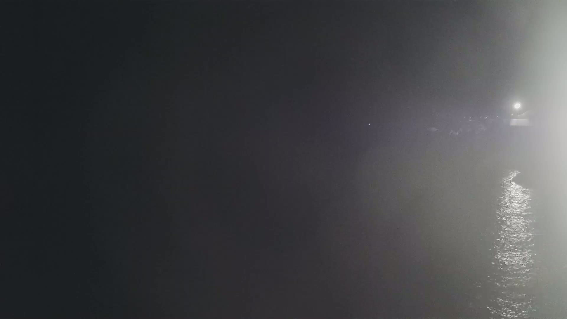 A nighttime, foggy view of a body of water with a light source in the distance.